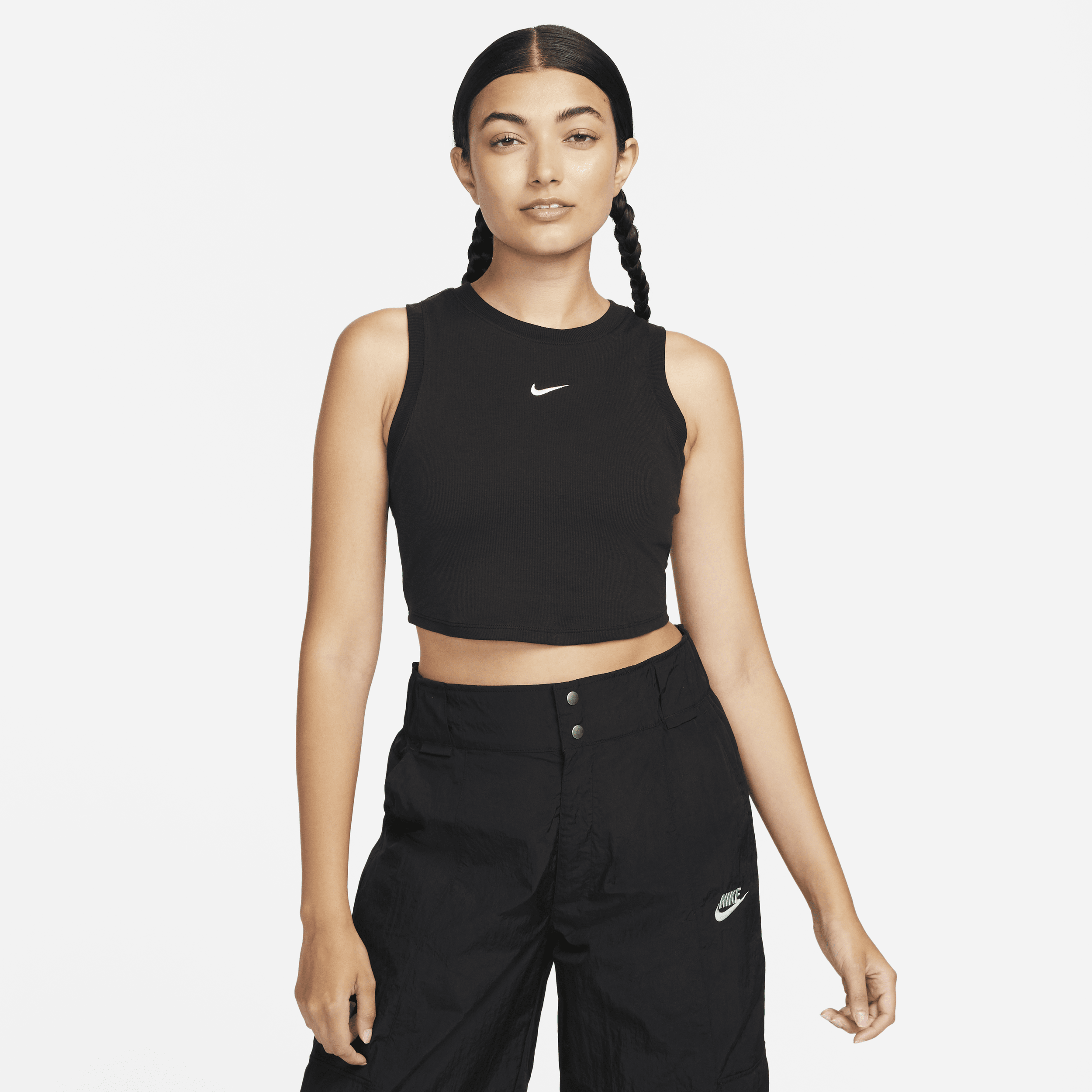 Stram, maskinstrikket Nike Sportswear Chill-mini-tanktop med kort snit til kvinder - sort
