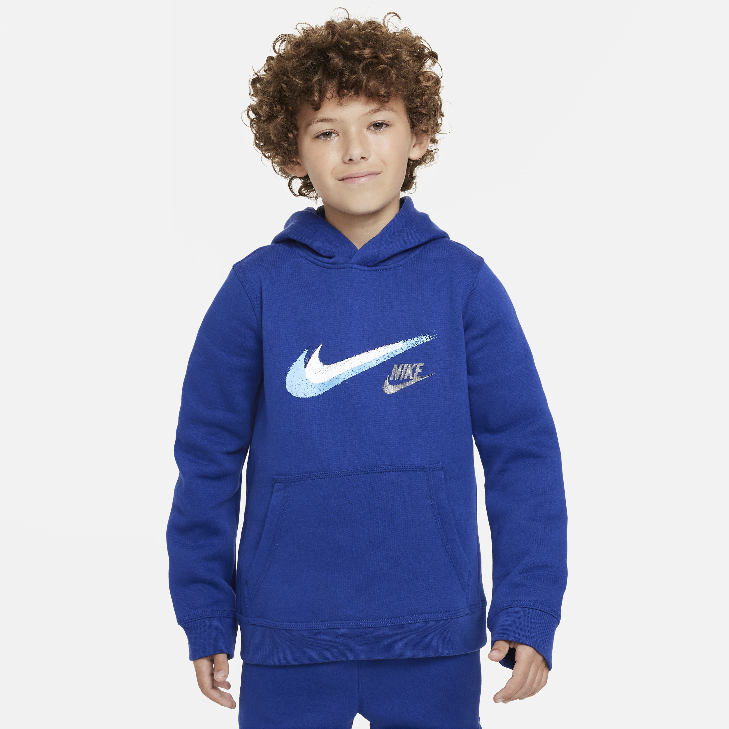 Nike Sportswear-pullover-hættetrøje i fleece med grafik til større børn (drenge) - blå