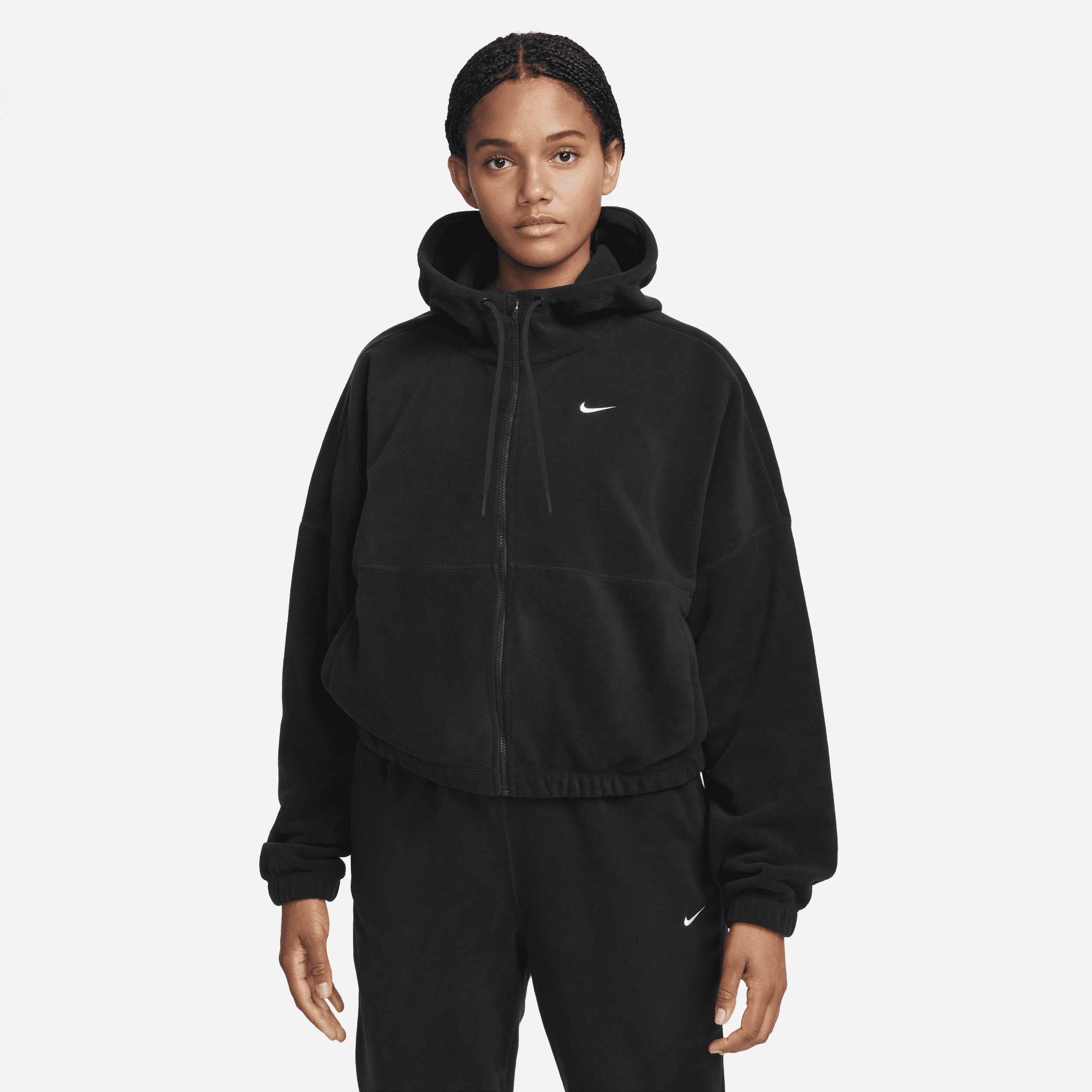 Overdimensioneret Nike Therma-FIT-fleecehættetrøje med lynlås til kvinder - sort