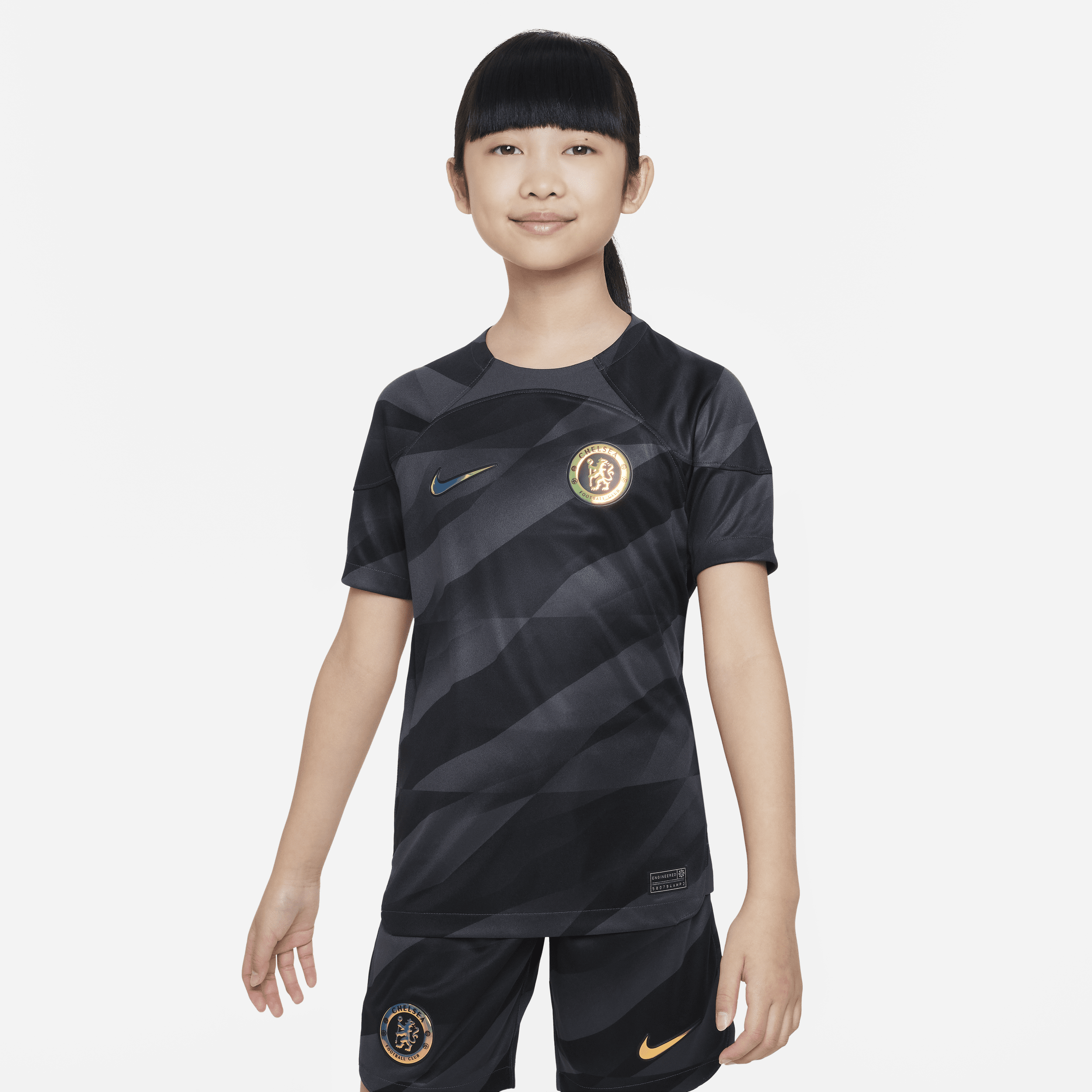 Kortærmet Chelsea FC 2023/24 Stadium Goalkeeper Nike Dri-FIT-fodboldtrøje til større børn. - grå