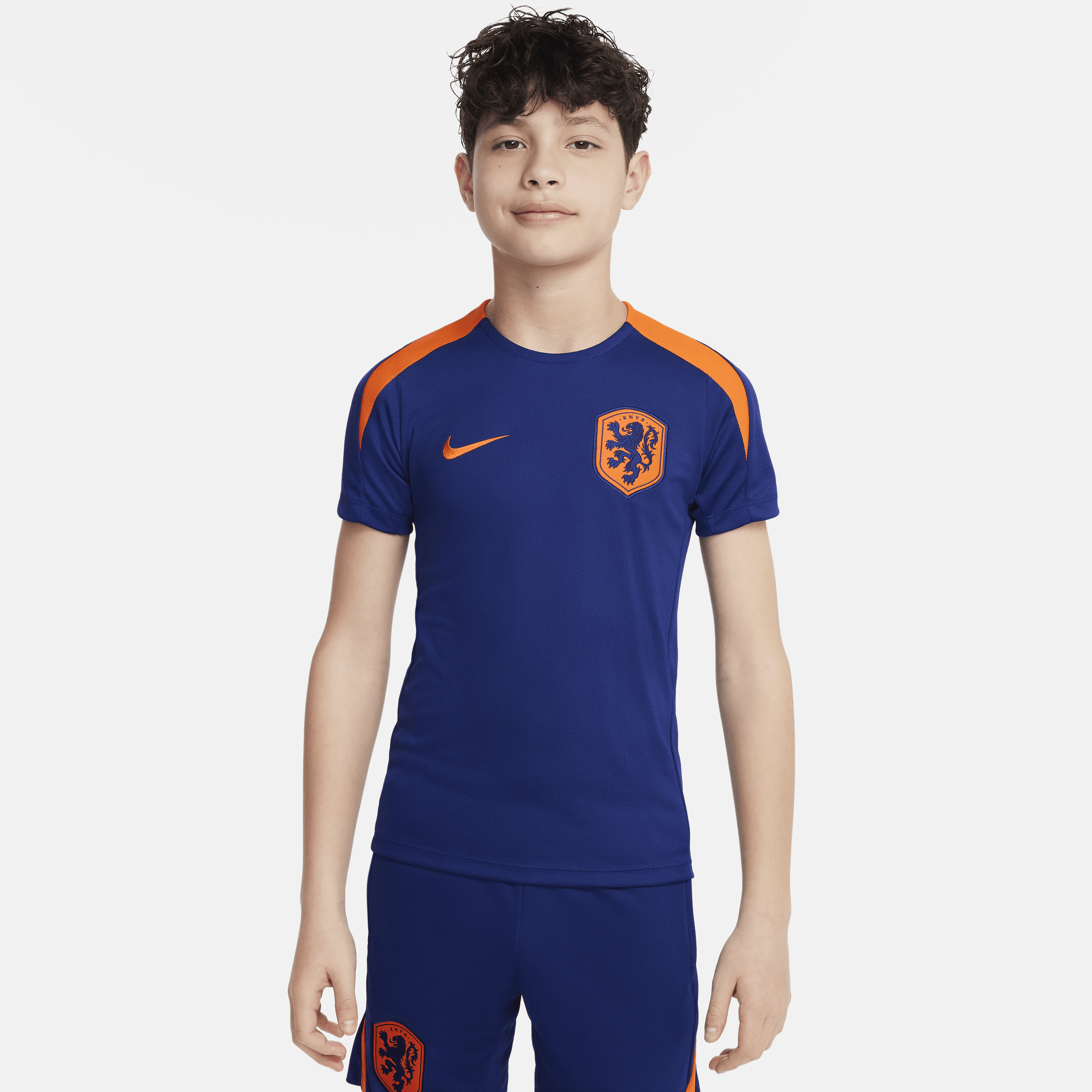 Maskinstrikket Holland Strike Nike Dri-FIT-fodboldtrøje med korte ærmer til større børn - blå