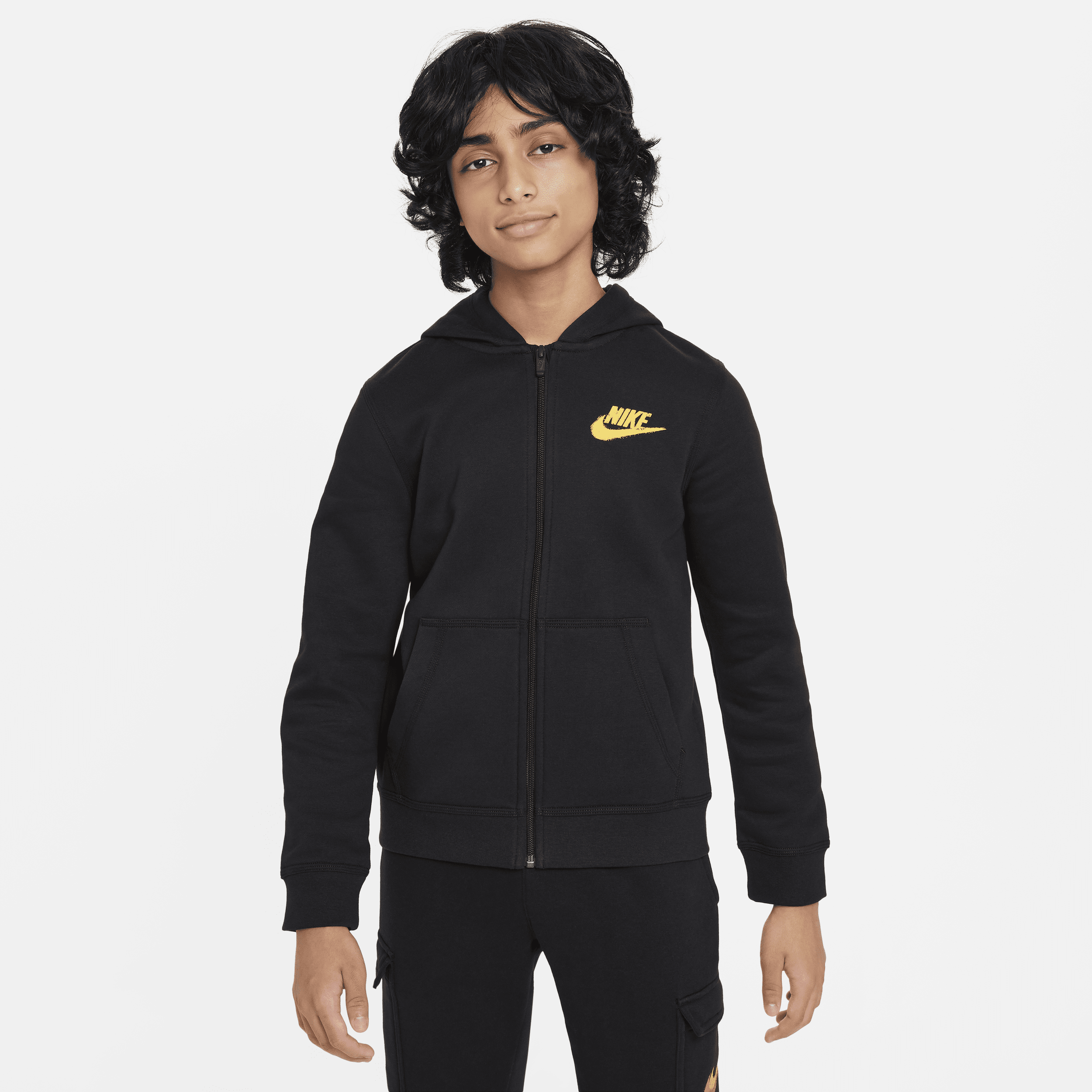 Nike Sportswear-fleecehættetrøje med fuld lynlås og grafik til større børn (drenge) - sort