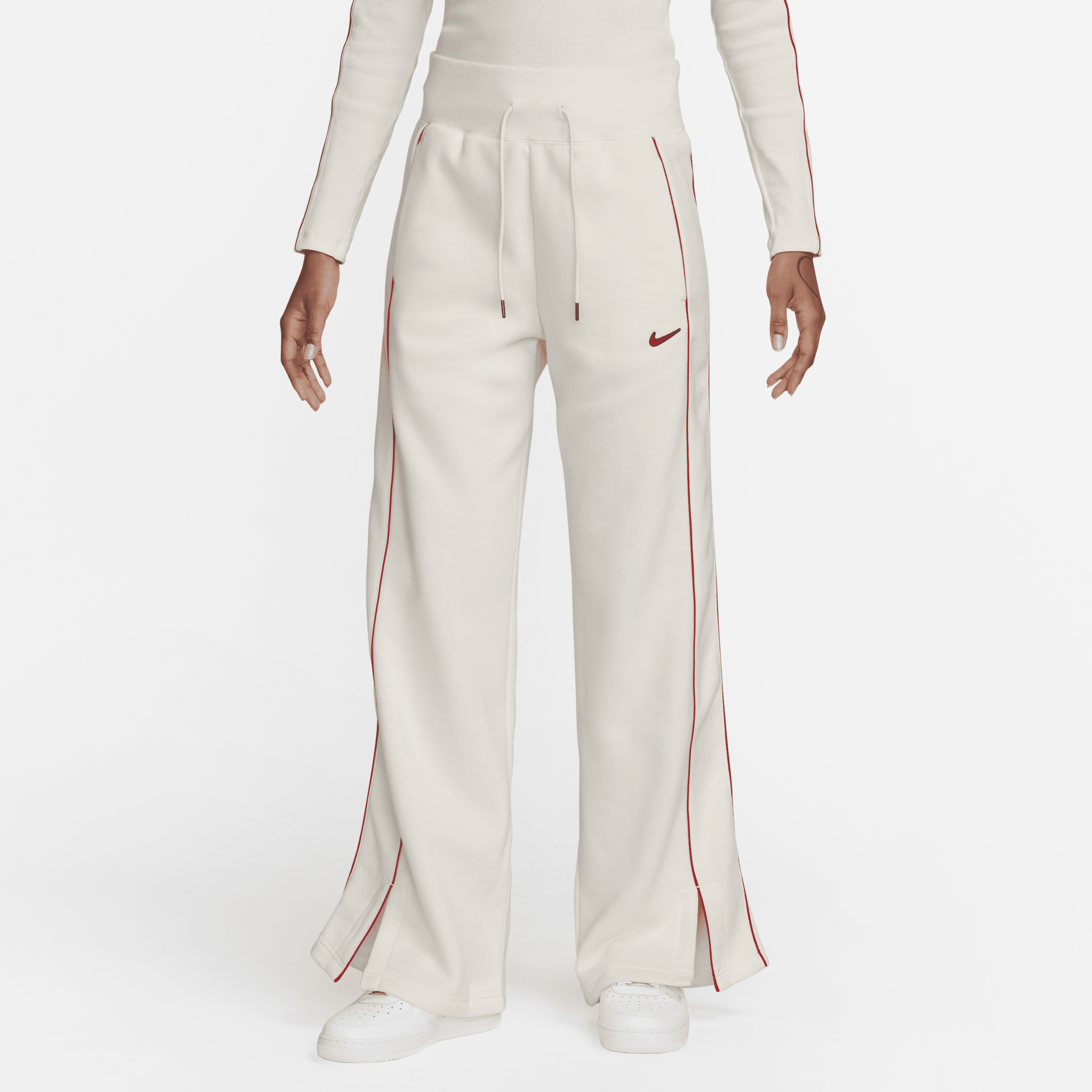 Højtaljede Nike Sportswear Phoenix Fleece-sweatpants med åben kant til kvinder - hvid