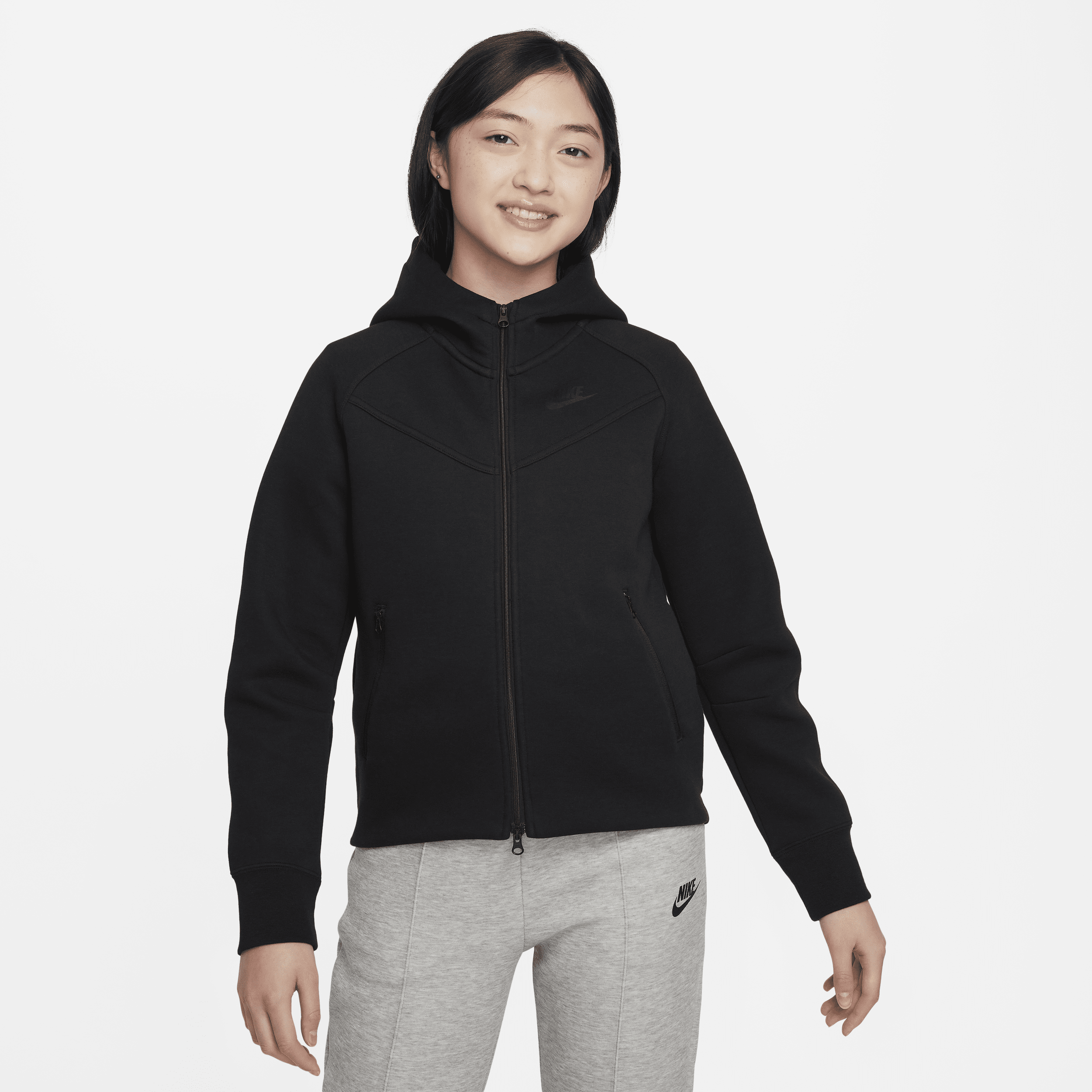 Nike Sportswear Tech Fleece-hættetrøje med lynlås til større børn (piger) - sort