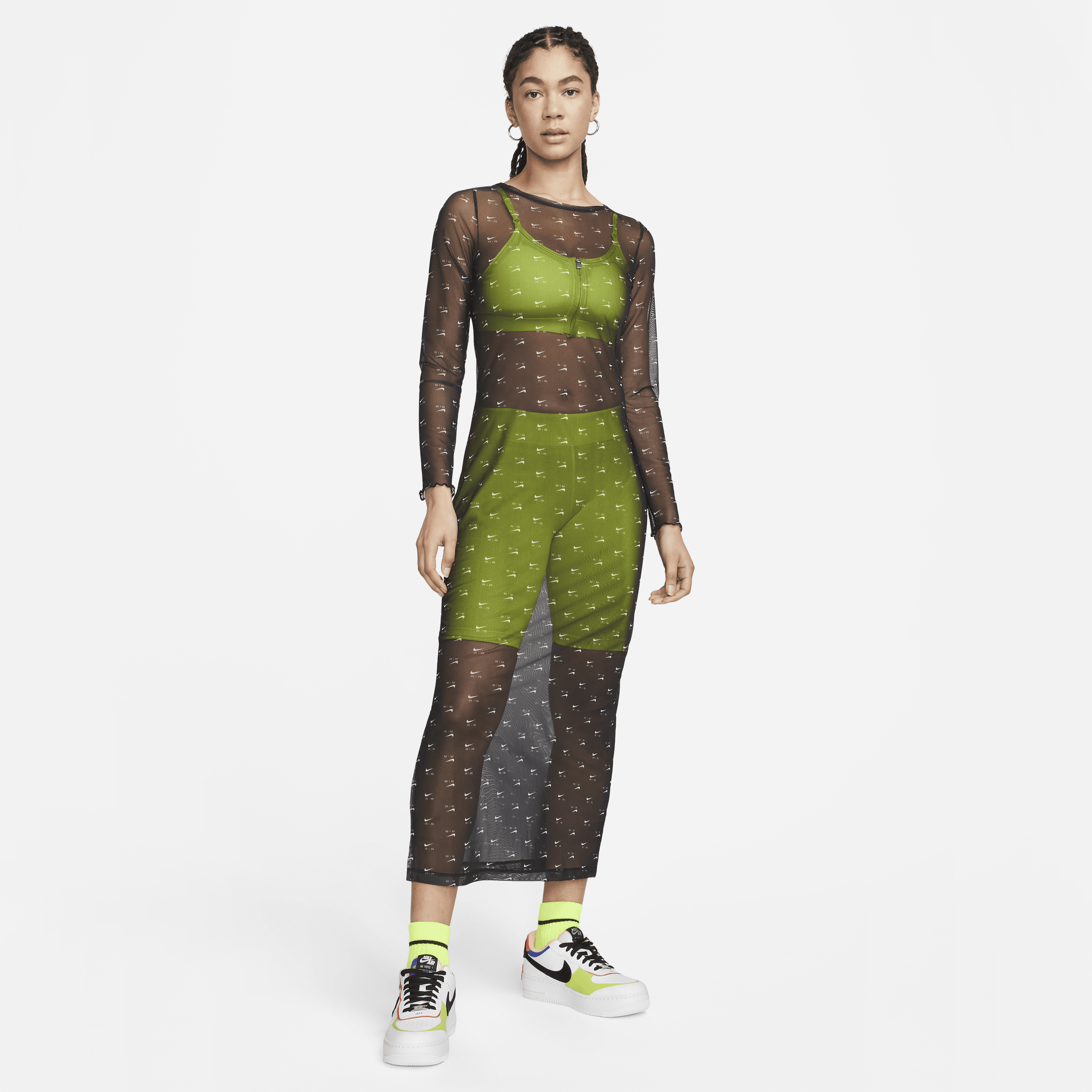 Nike Air Jurk met mesh, print en lange mouwen - Zwart