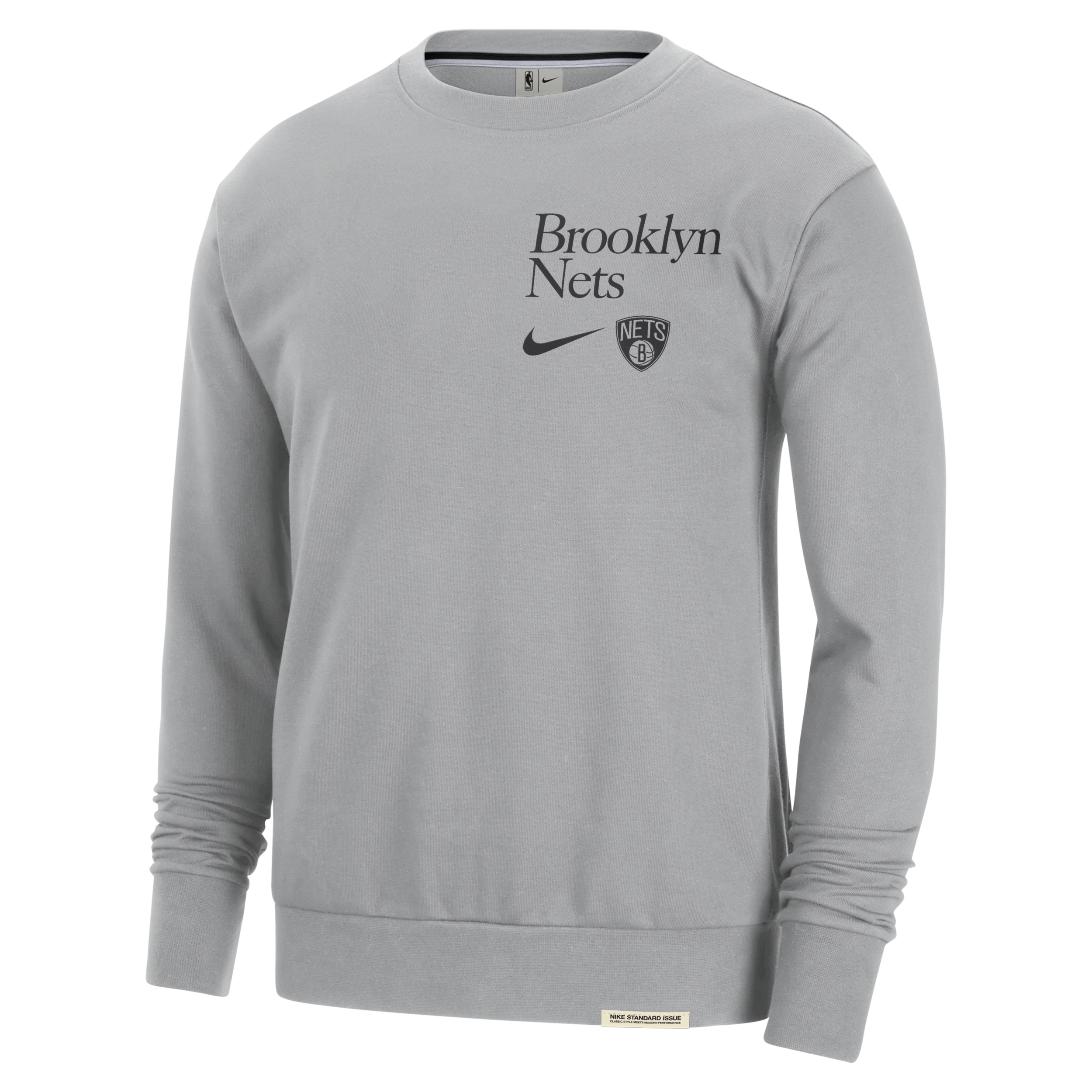 Brooklyn Nets Standard Issue Nike NBA-sweatshirt met ronde hals en Dri-FIT voor heren - Grijs
