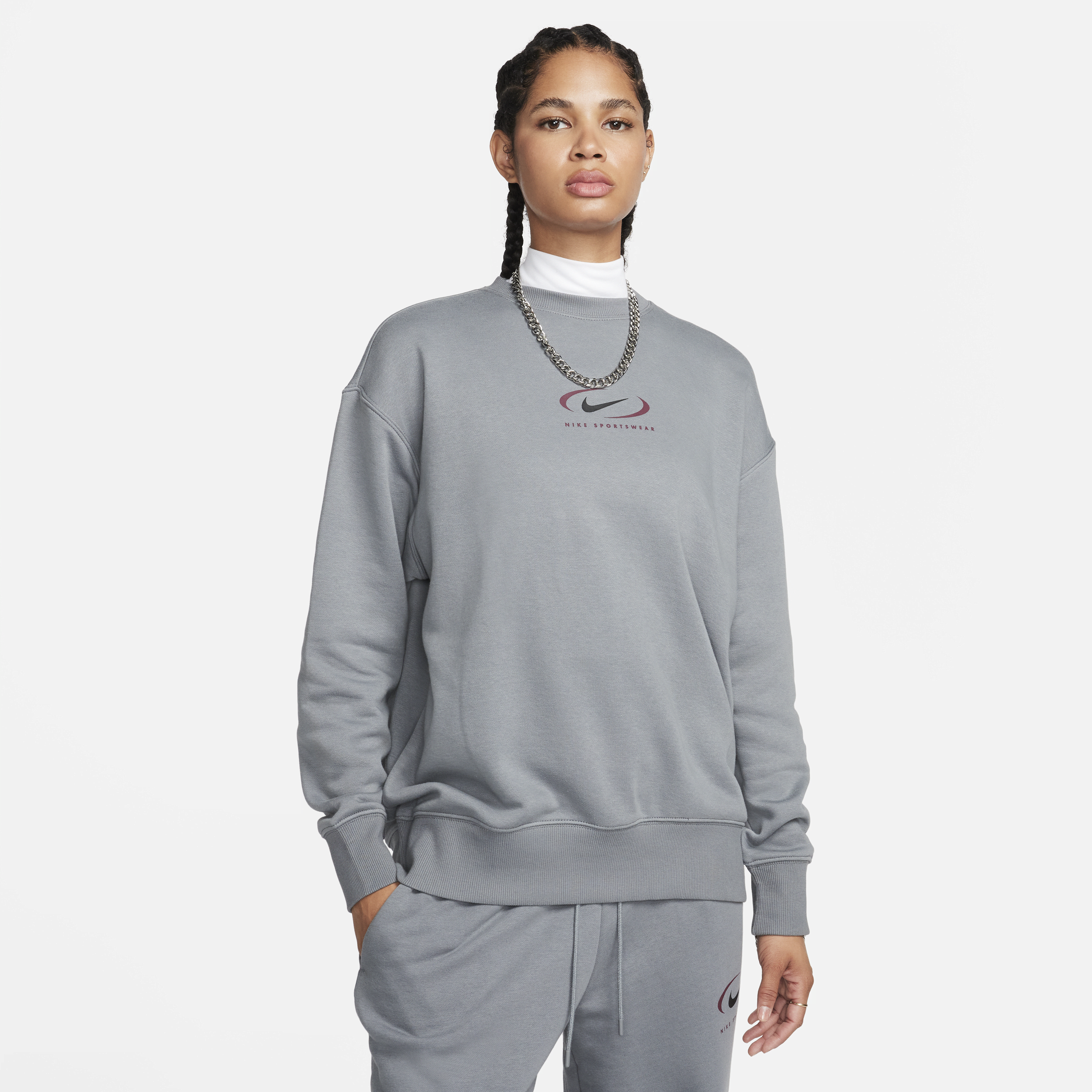 Overdimensioneret Nike Sportswear Phoenix Fleece-sweatshirt med rund hals til kvinder - grå
