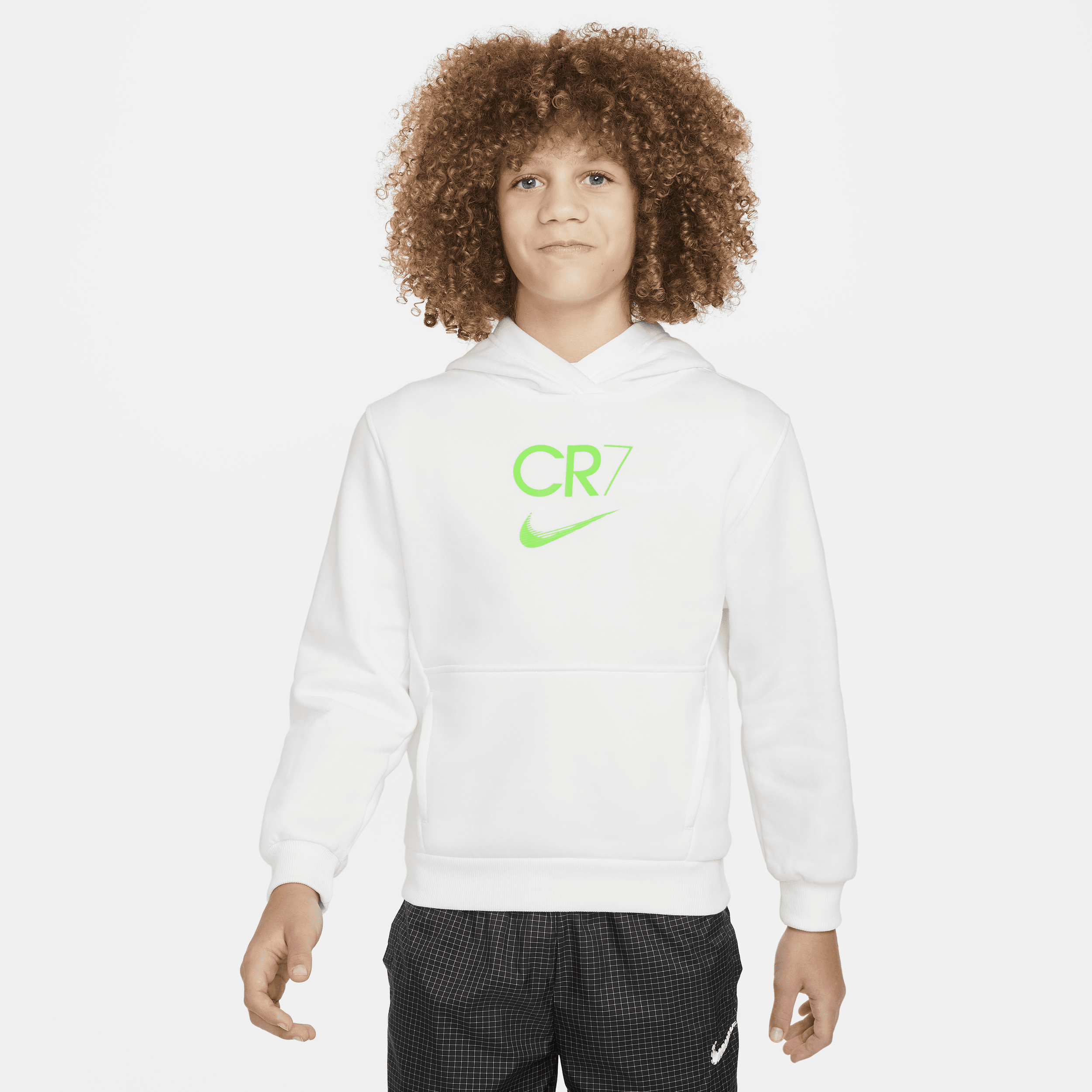 Nike CR7-Club Fleece-fodboldhættetrøje til større børn - hvid