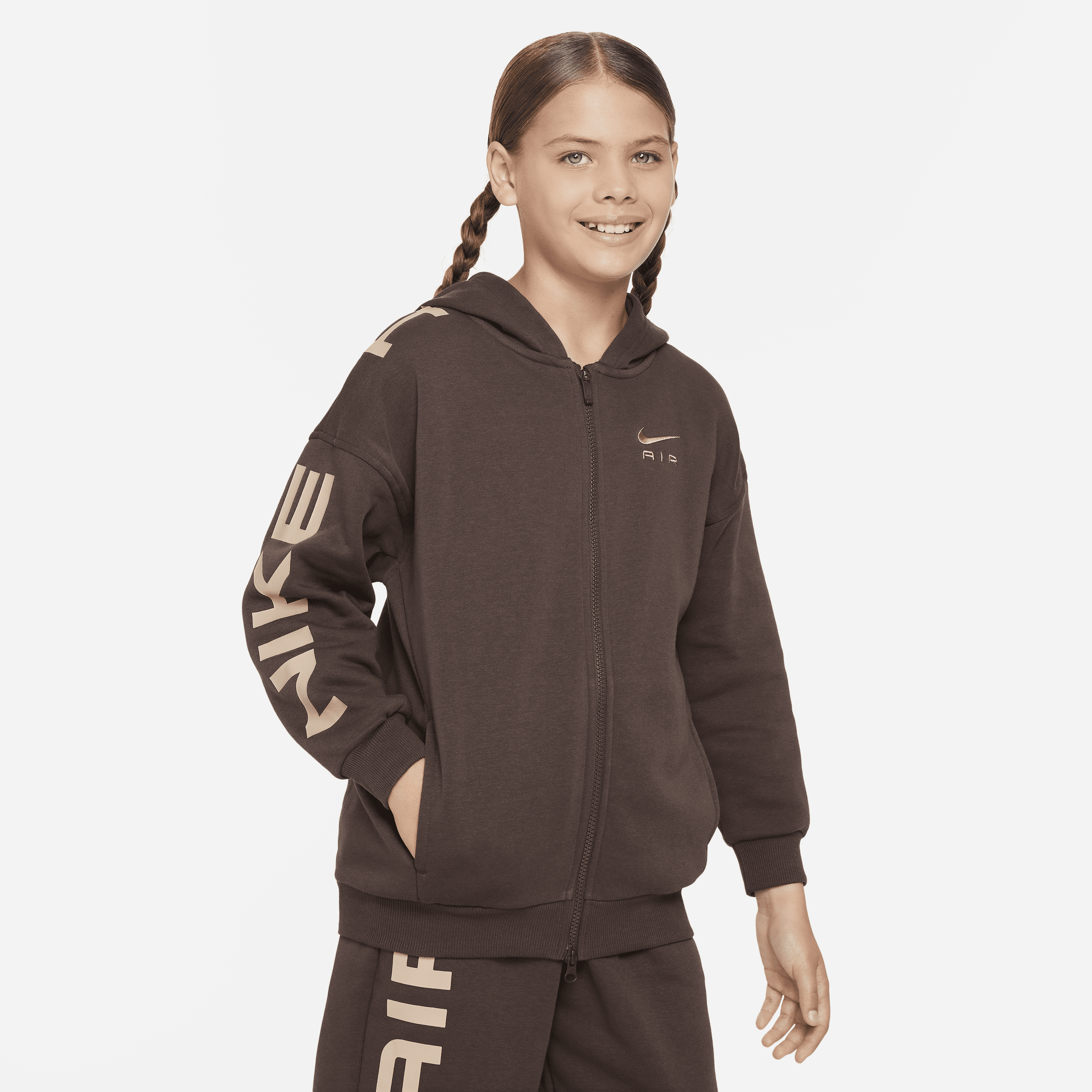 Overdimensioneret Nike Air Club Fleece-hættetrøje med lynlås til større børn (piger) - brun