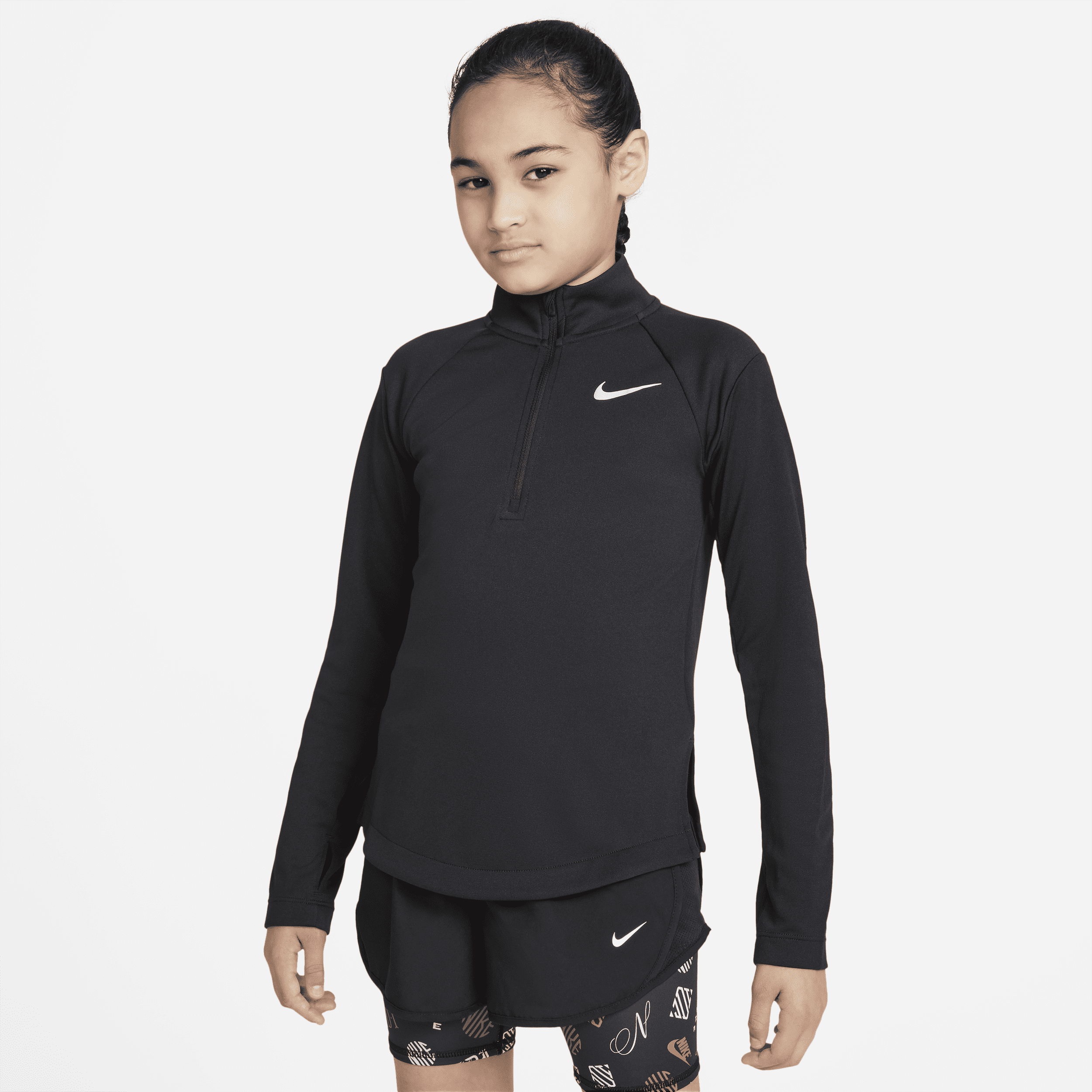 Nike Dri-FIT-langærmet løbeoverdel til større børn (piger) - sort