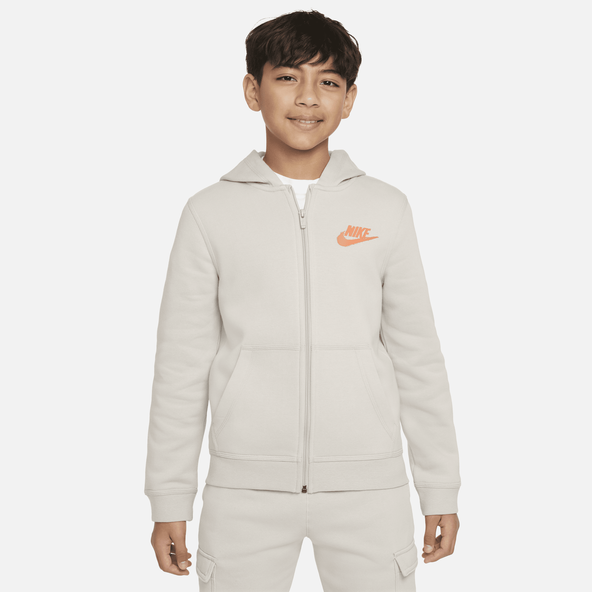 Nike Sportswear-fleecehættetrøje med fuld lynlås og grafik til større børn (drenge) - grå