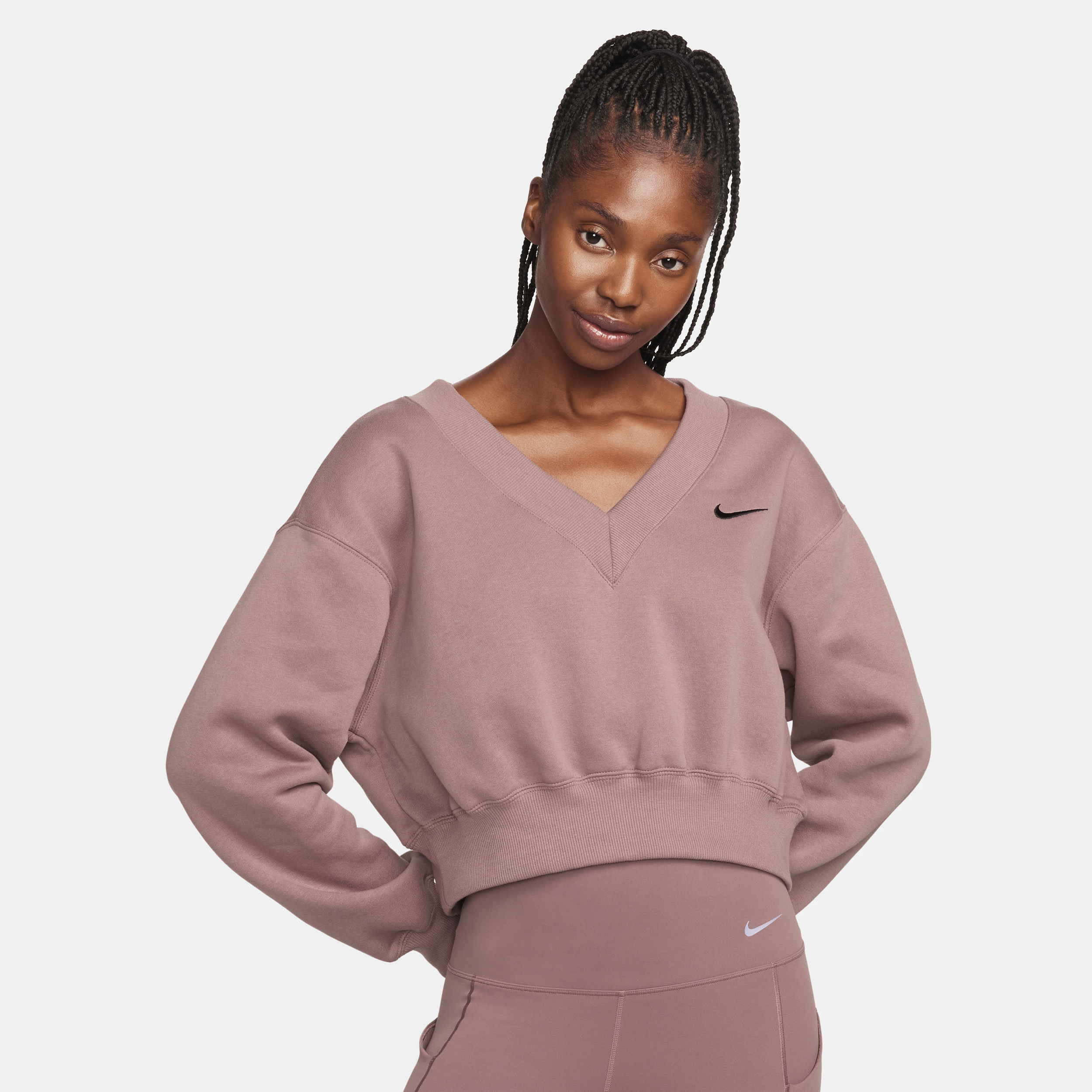 Kort Nike Sportswear Phoenix Fleece-top med V-hals til kvinder - lilla