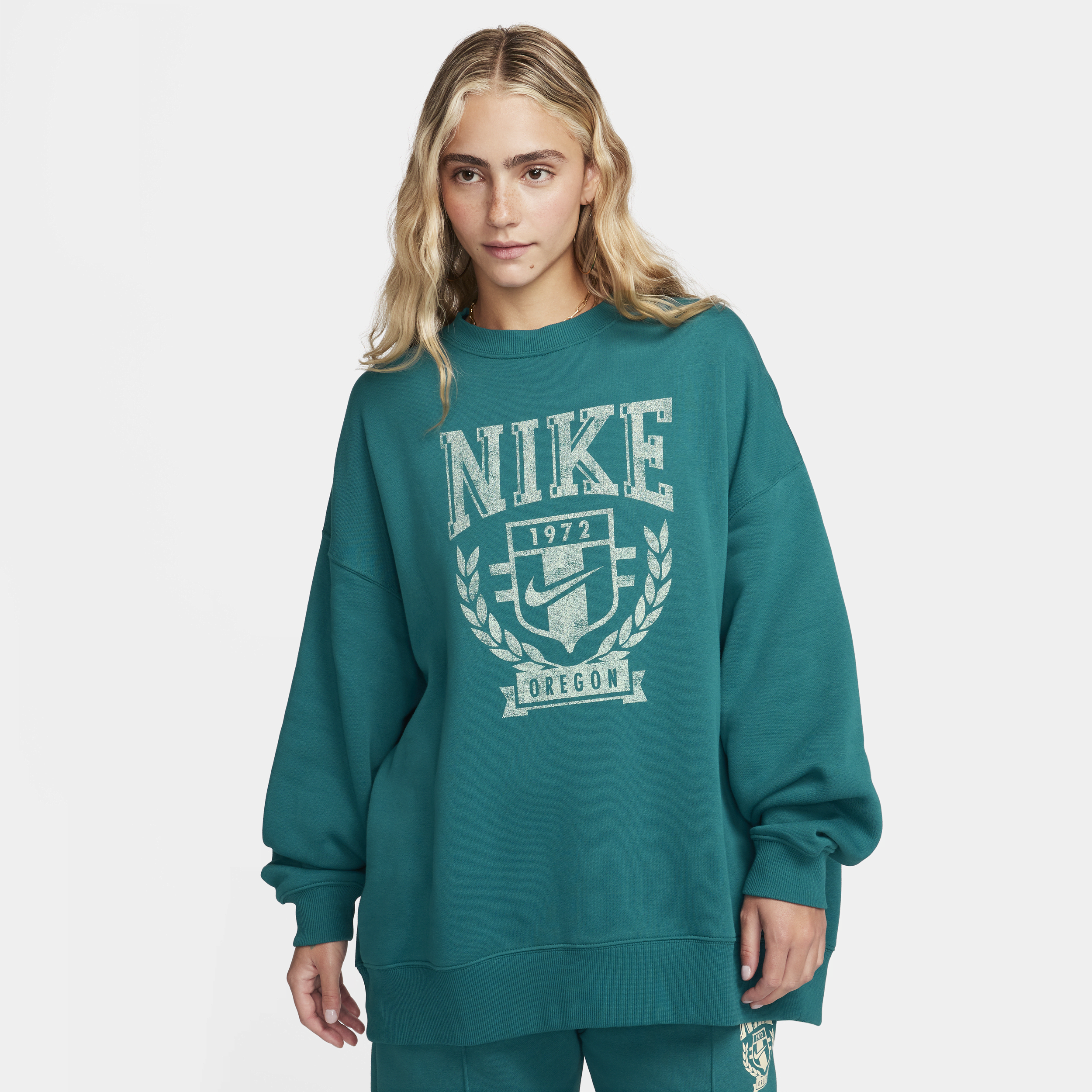 Overdimensioneret Nike Sportswear-sweatshirt i fleece med rund hals til kvinder - grøn
