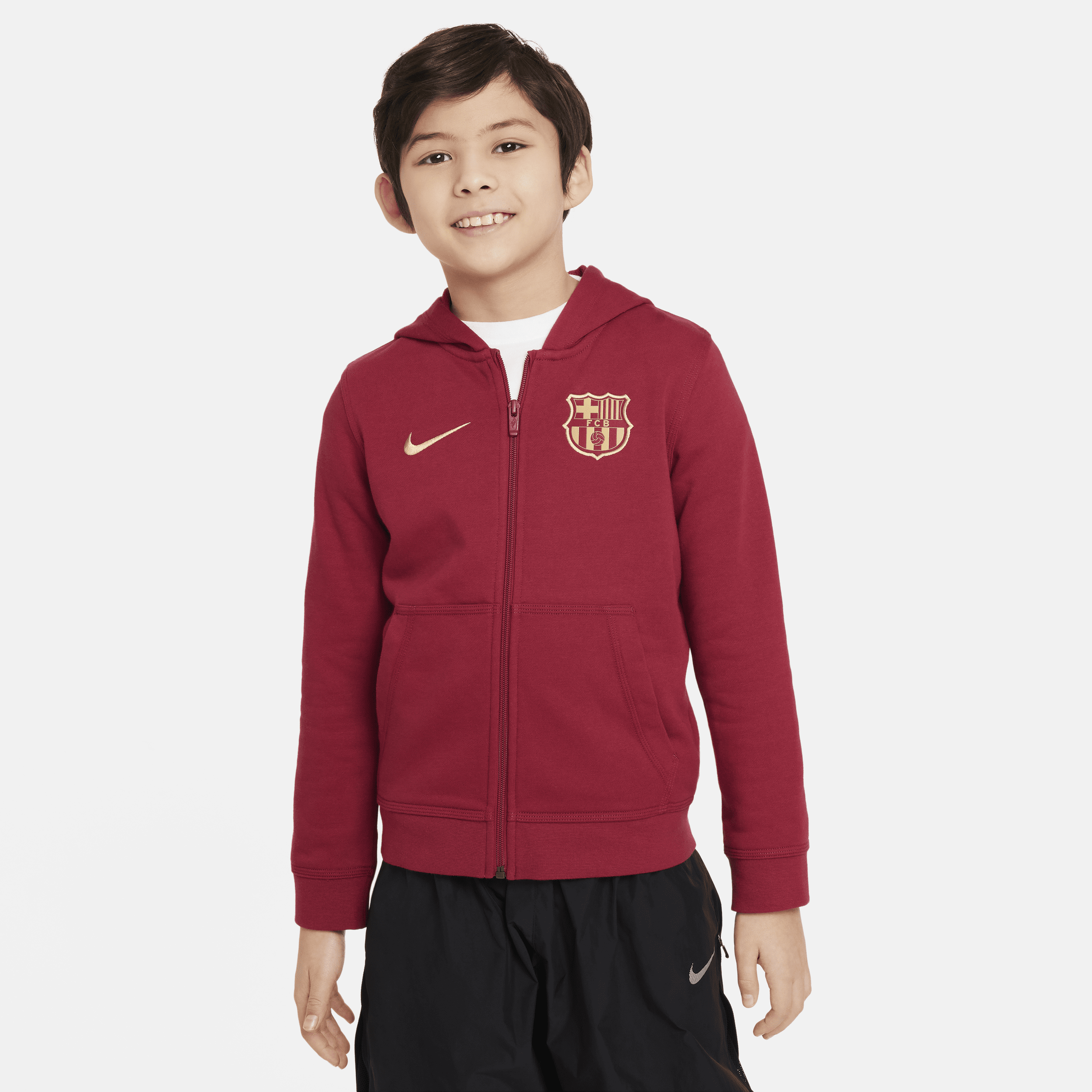 FC Barcelona Club Nike Football-hættetrøje med lynlås til større børn (drenge) - rød