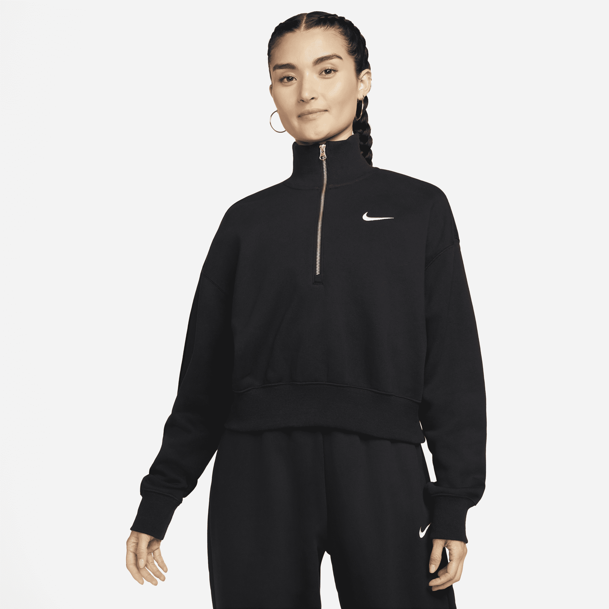 Felpa corta oversize con zip a metà lunghezza Nike Sportswear Phoenix Fleece – Donna - Nero