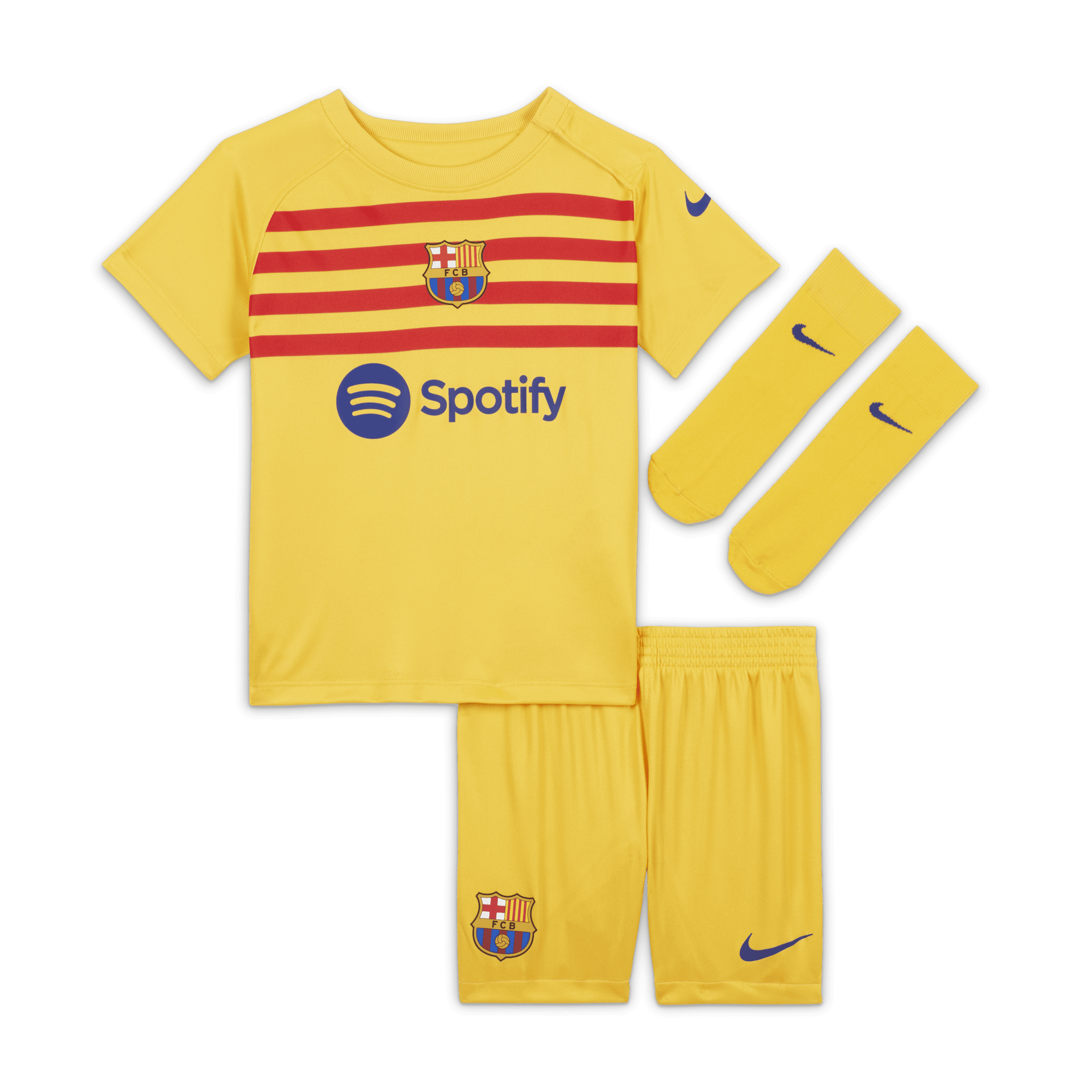 FC Barcelona 2022/23 Vierde Nike Dri-FIT driedelig tenue voor baby's/peuters - Geel