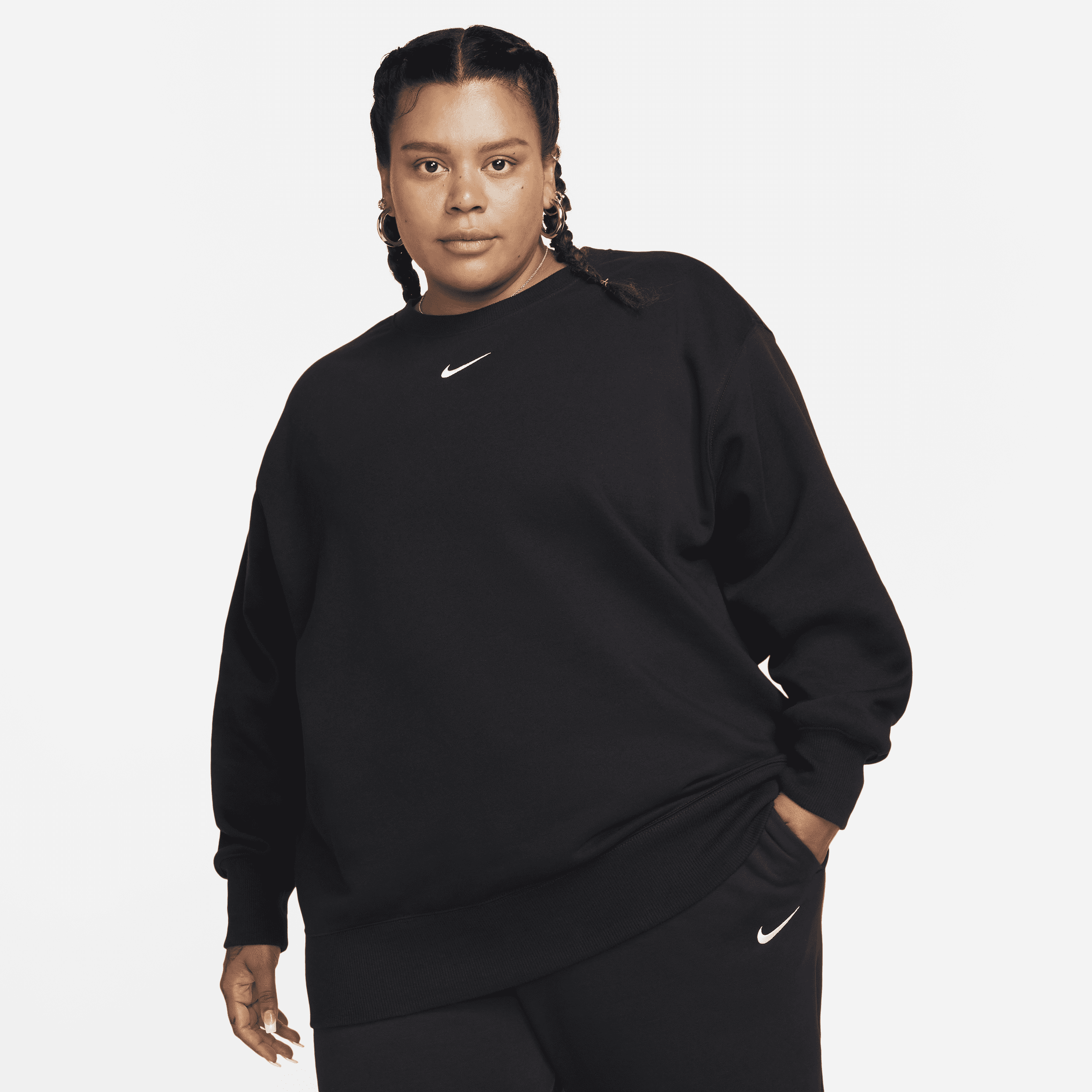 Oversized Nike Sportswear Phoenix Fleece-sweatshirt (plus size) med rund hals til kvinder - sort