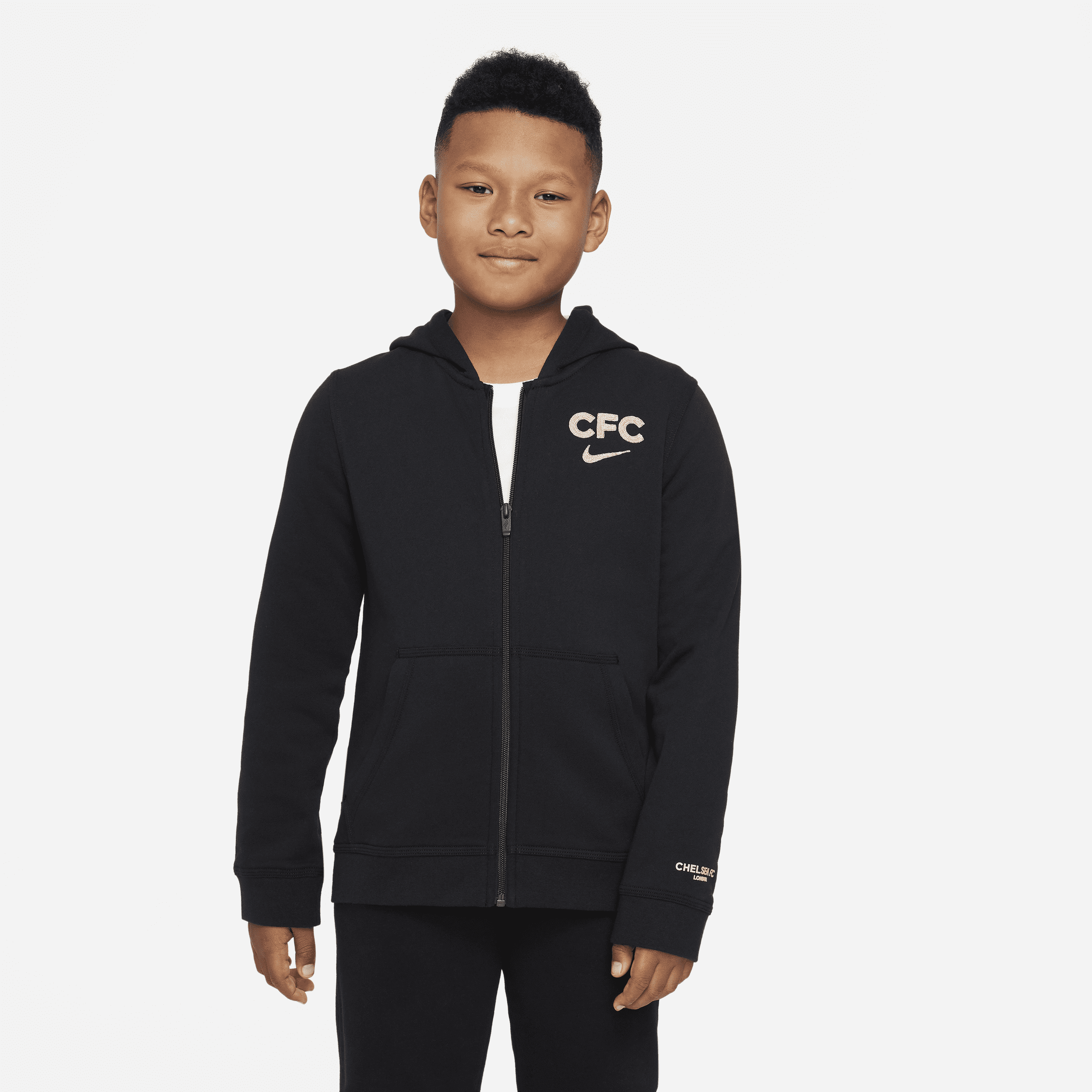 Nike Chelsea Club-fodboldhættetrøje med lynlås til større børn - sort
