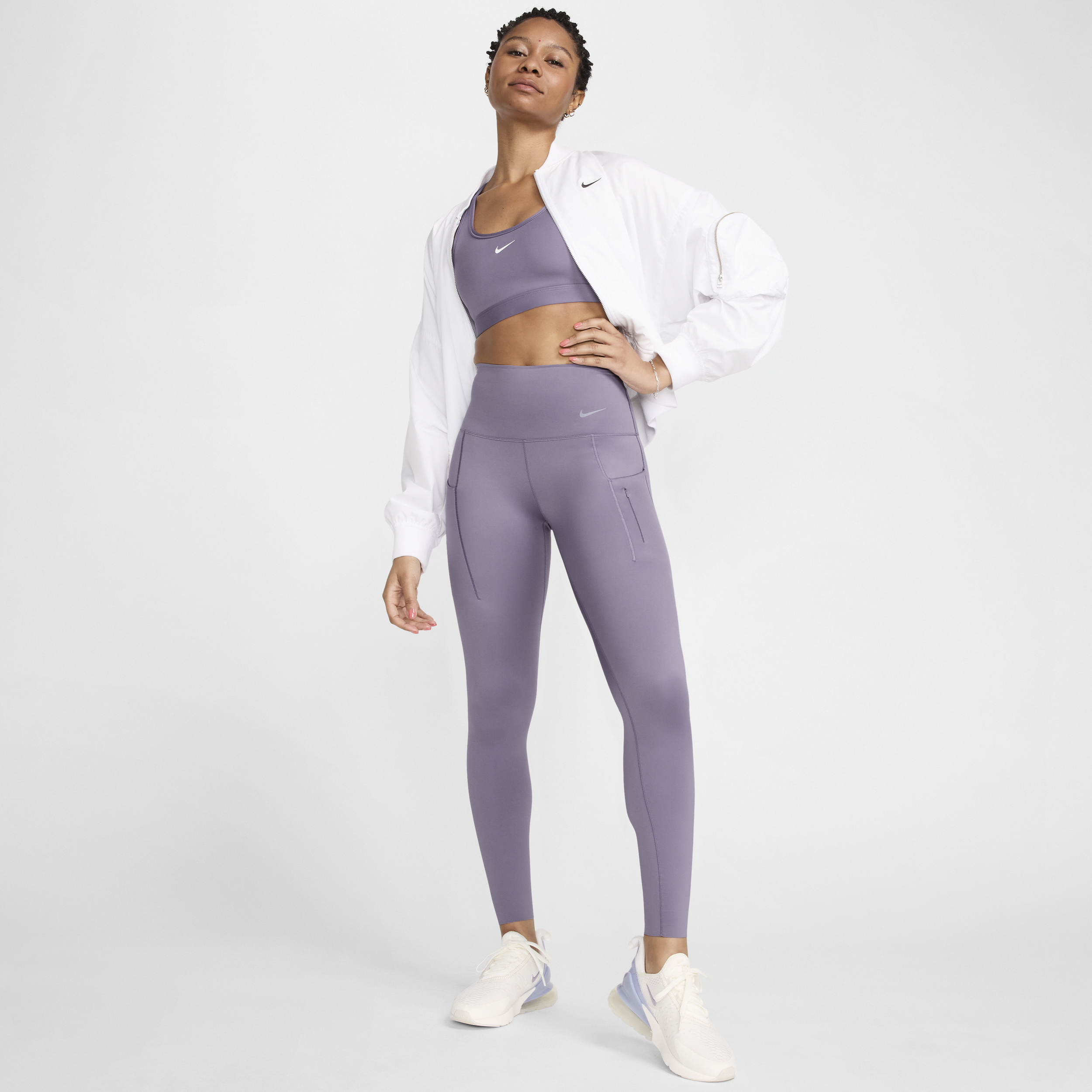 Højtaljede Nike Go-leggings i fuld længde og med lommer og fast støtte til kvinder - lilla