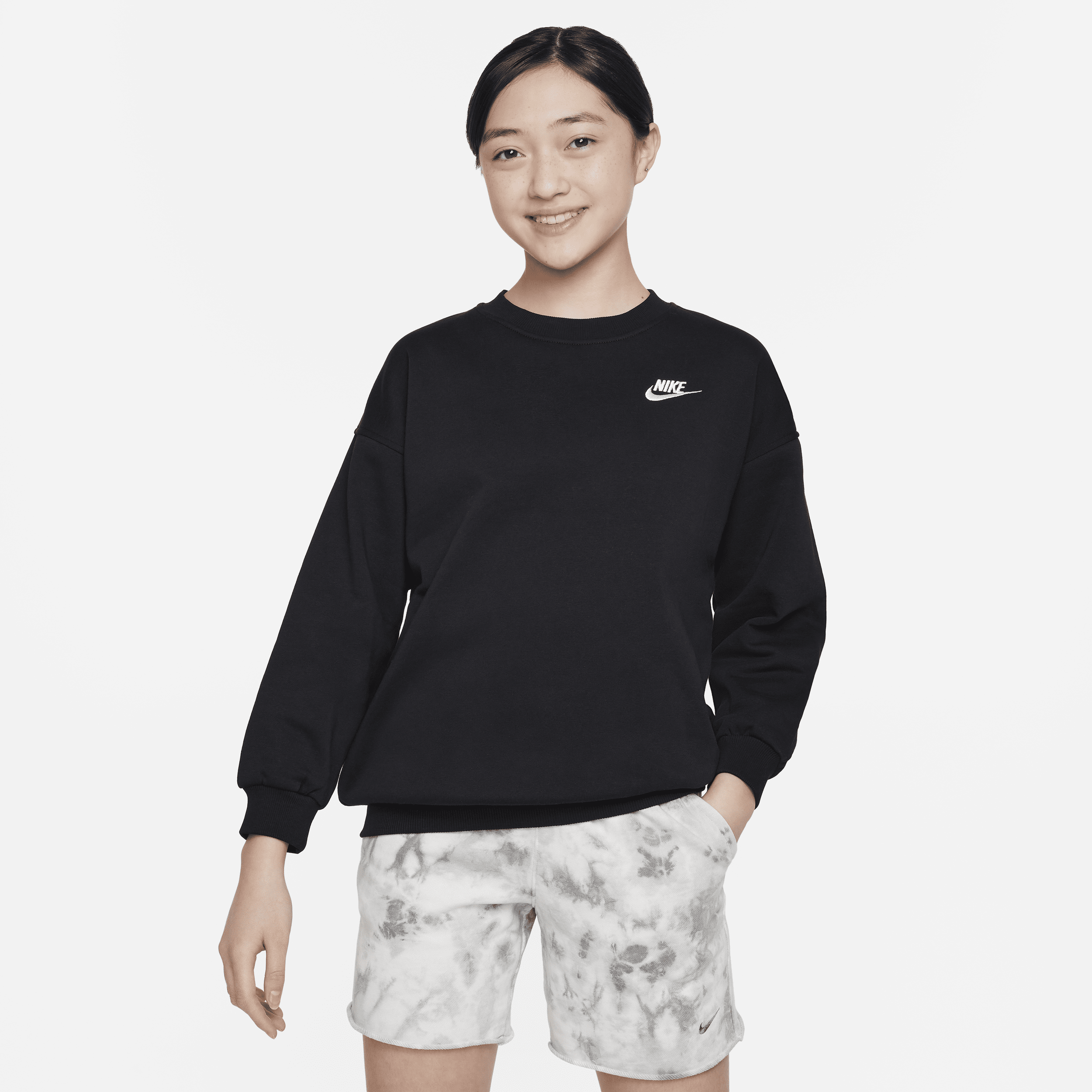 Overdimensioneret Nike Sportswear Club Fleece-sweatshirt til større børn (piger) - sort