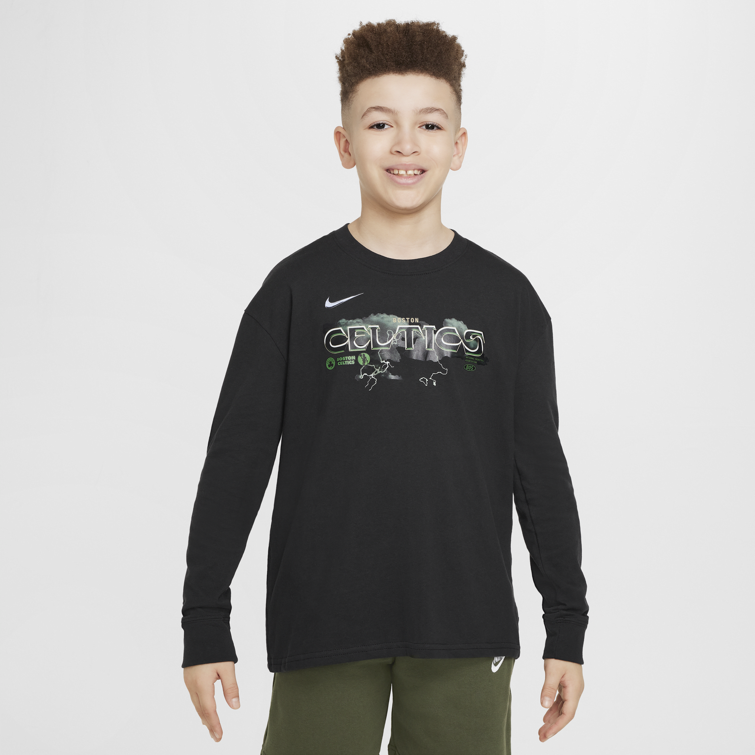 Langærmet Boston Celtics Essential Nike NBA Max90-T-shirt til større børn - sort