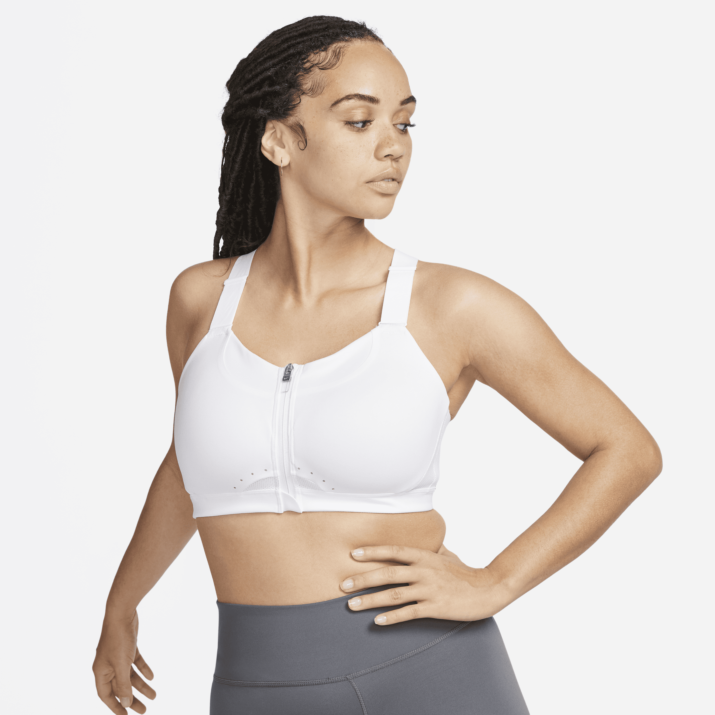 Nike Alpha-sports-bh med højt støtteniveau, indlæg og lynlås foran til kvinder - hvid