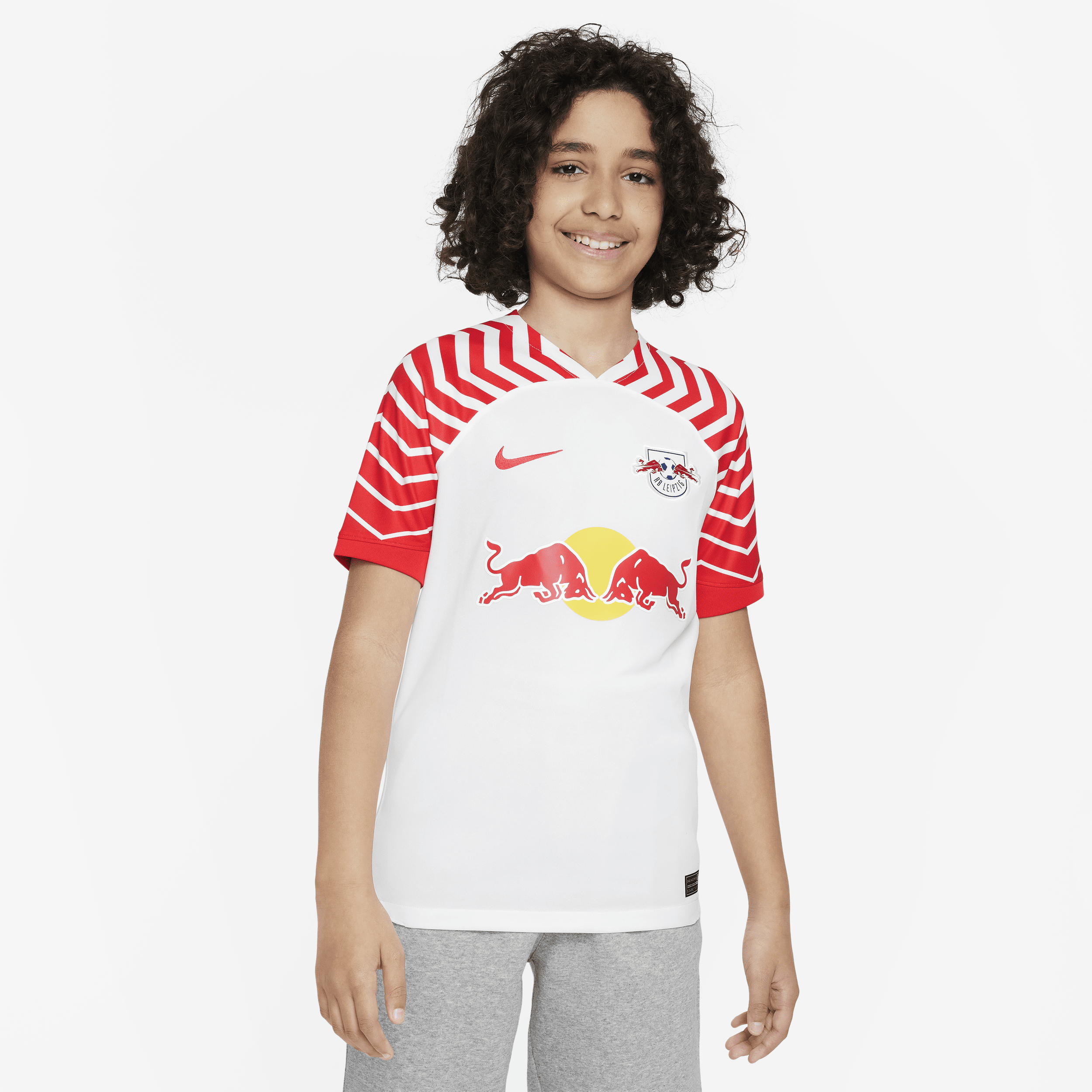 RB Leipzig 2023/24 Stadium Home-Nike Dri-FIT-fodboldspillertrøje til større børn - hvid