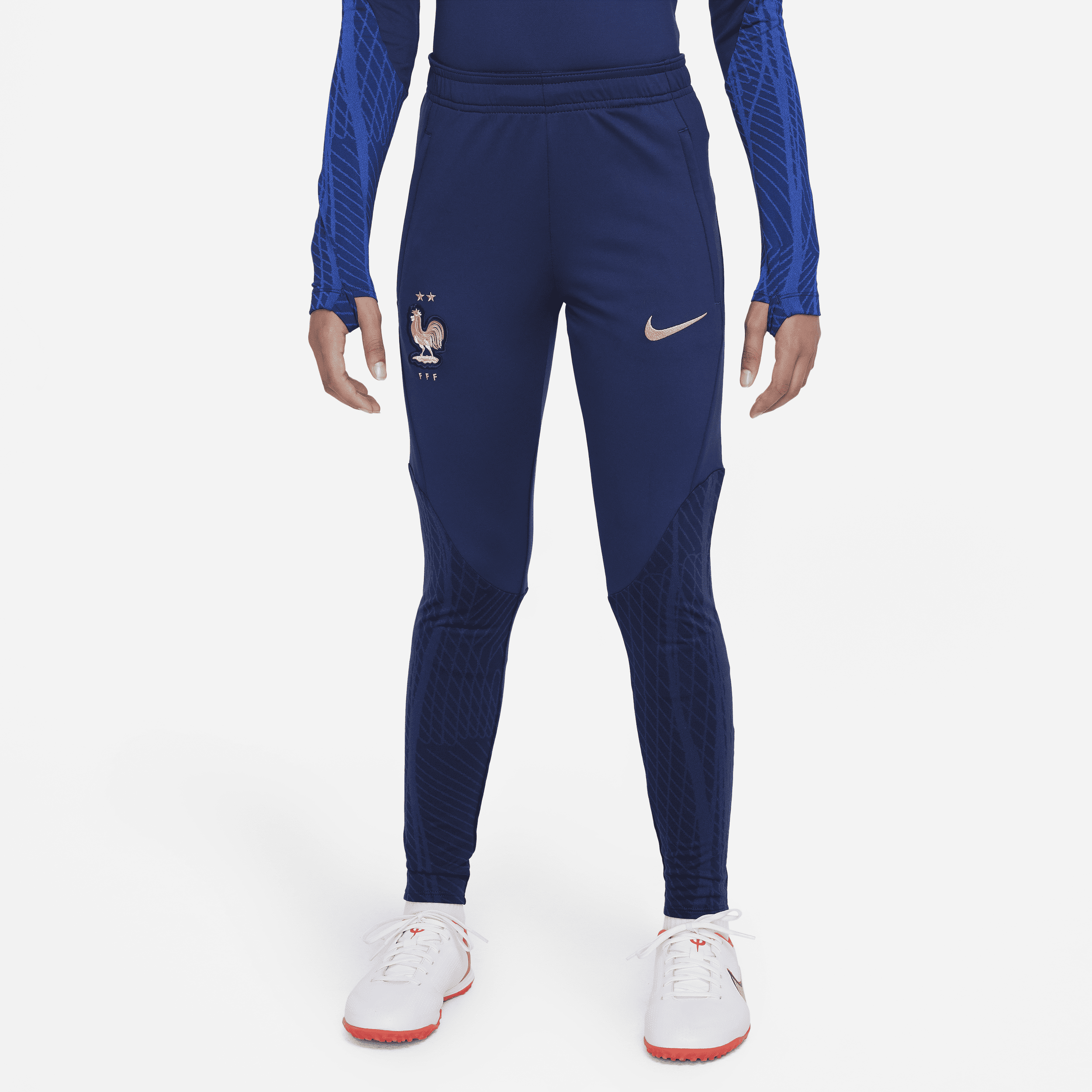 Maskinstrikkede FFF Strike Nike Dri-FIT-fodboldbukserne til større børn - blå