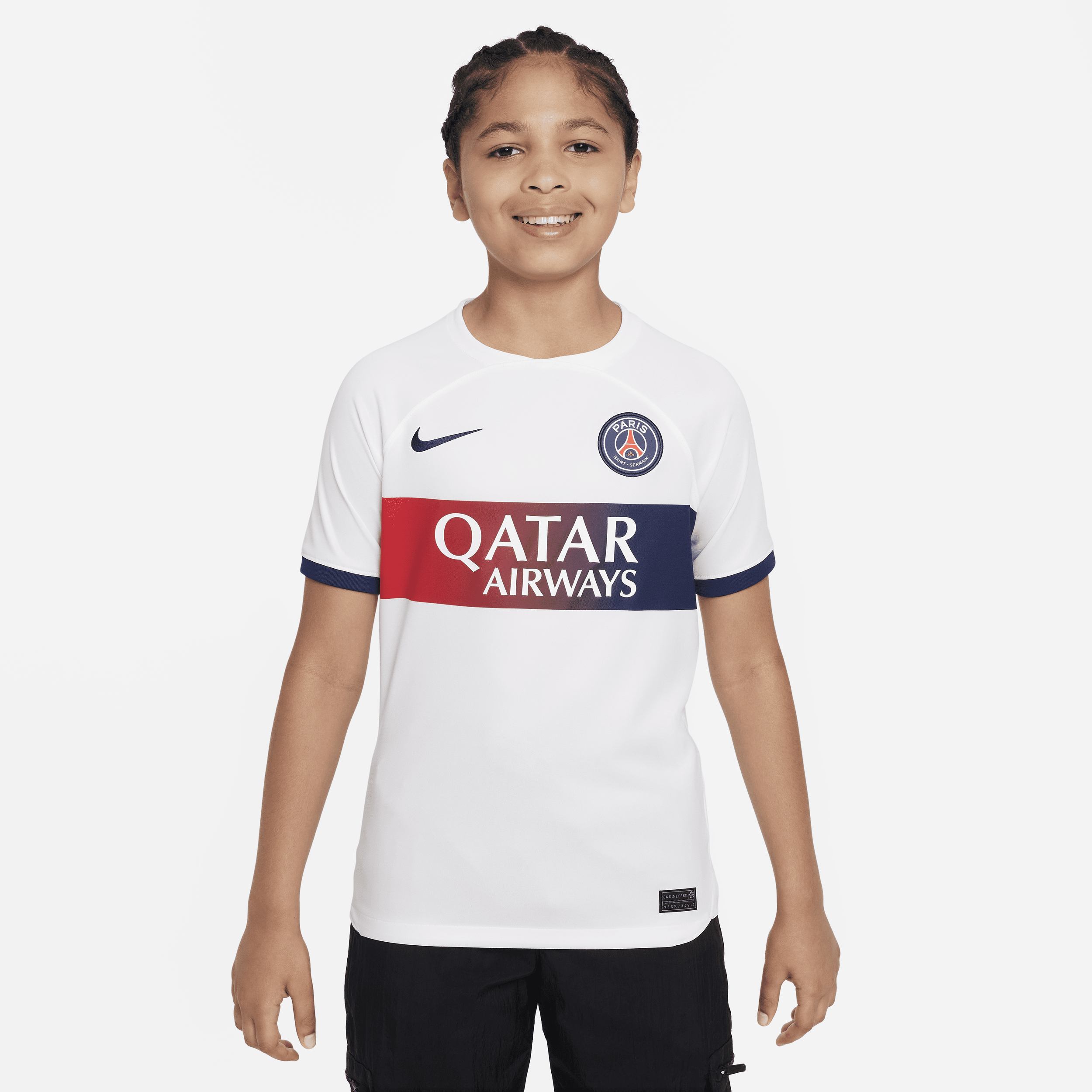 Paris Saint-Germain 2023/24 Stadium Away Nike Dri-FIT-fodboldtrøje til større børn - hvid