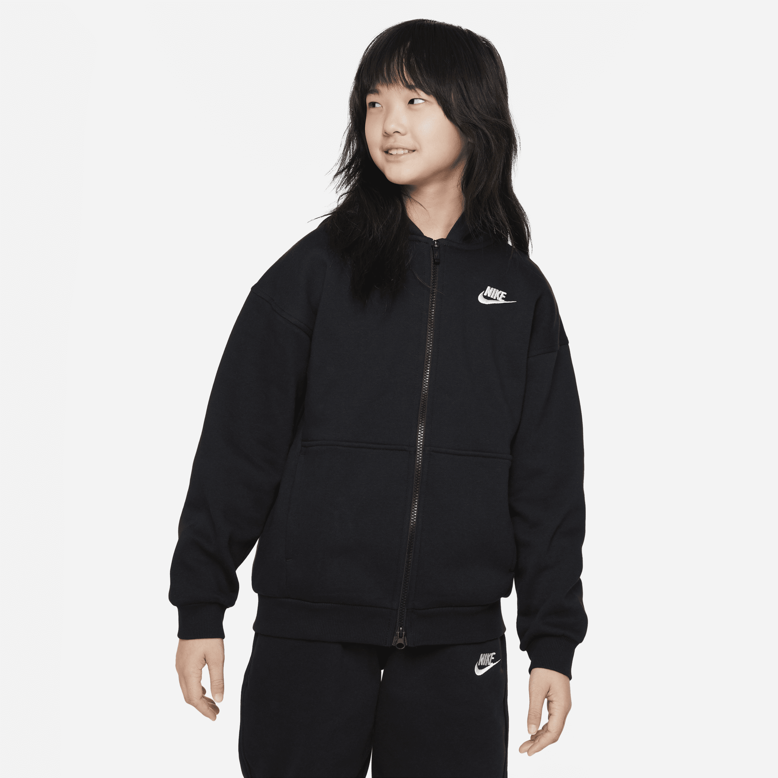 Nike Sportswear Club Fleece-overdimensioneret hættetrøje med lynlås til større børn (piger) - sort
