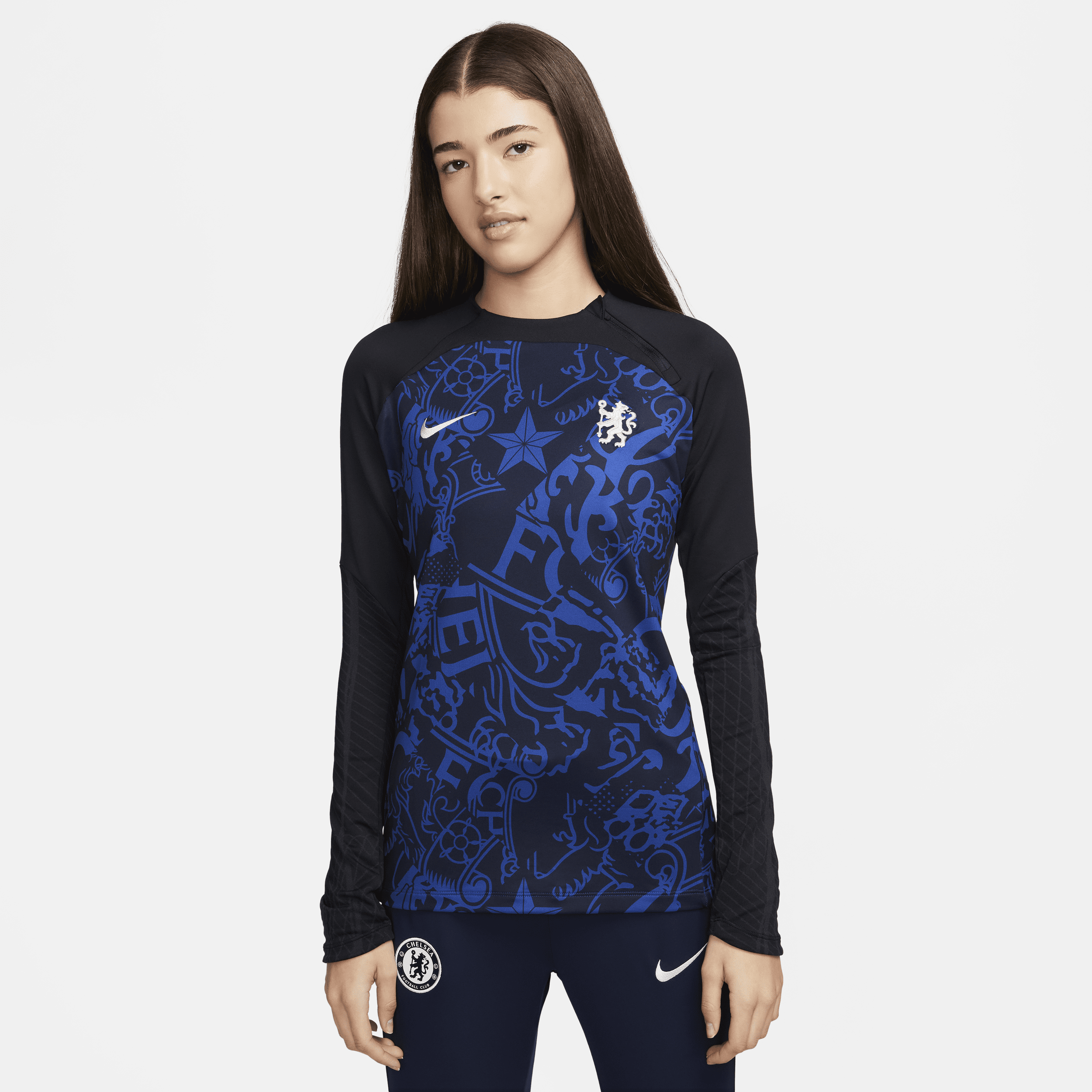 Chelsea FC Strike Nike Dri-FIT-fodboldtræningstrøje med rund hals til kvinder - blå