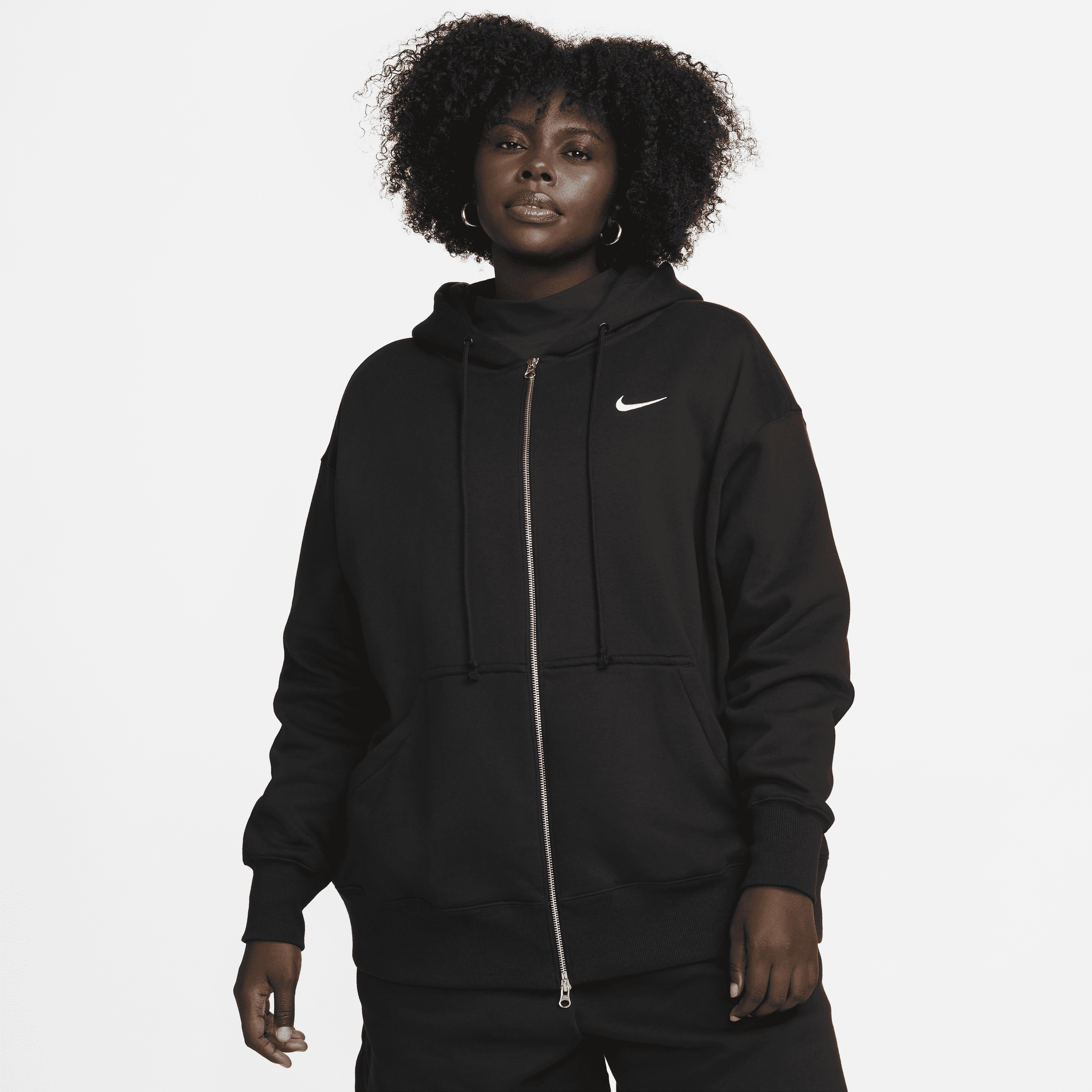 Oversized Nike Sportswear Phoenix Fleece-pullover-hættetrøje med fuld lynlås til kvinder (plus size) - sort