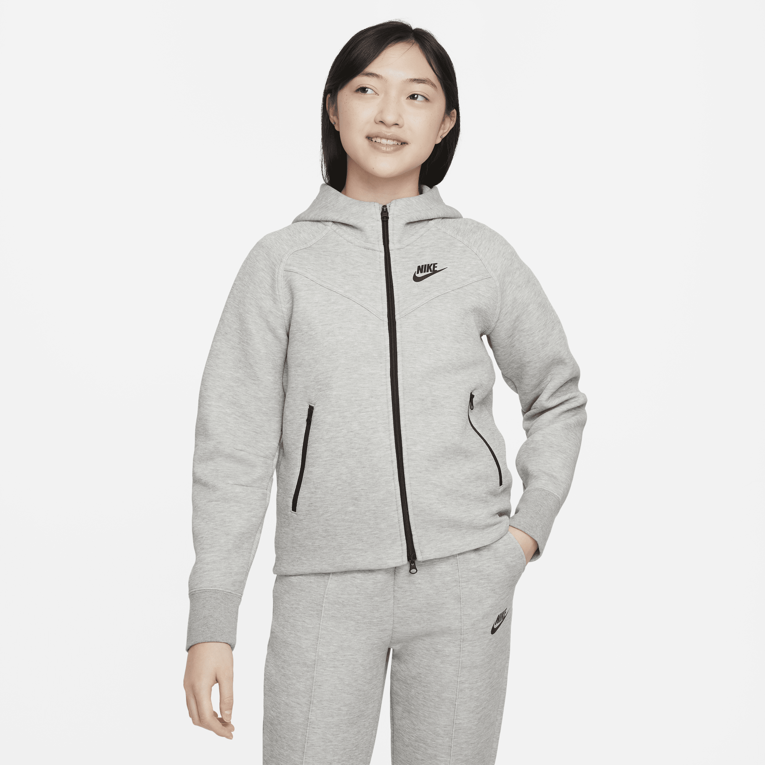 Nike Sportswear Tech Fleece-hættetrøje med lynlås til større børn (piger) - grå