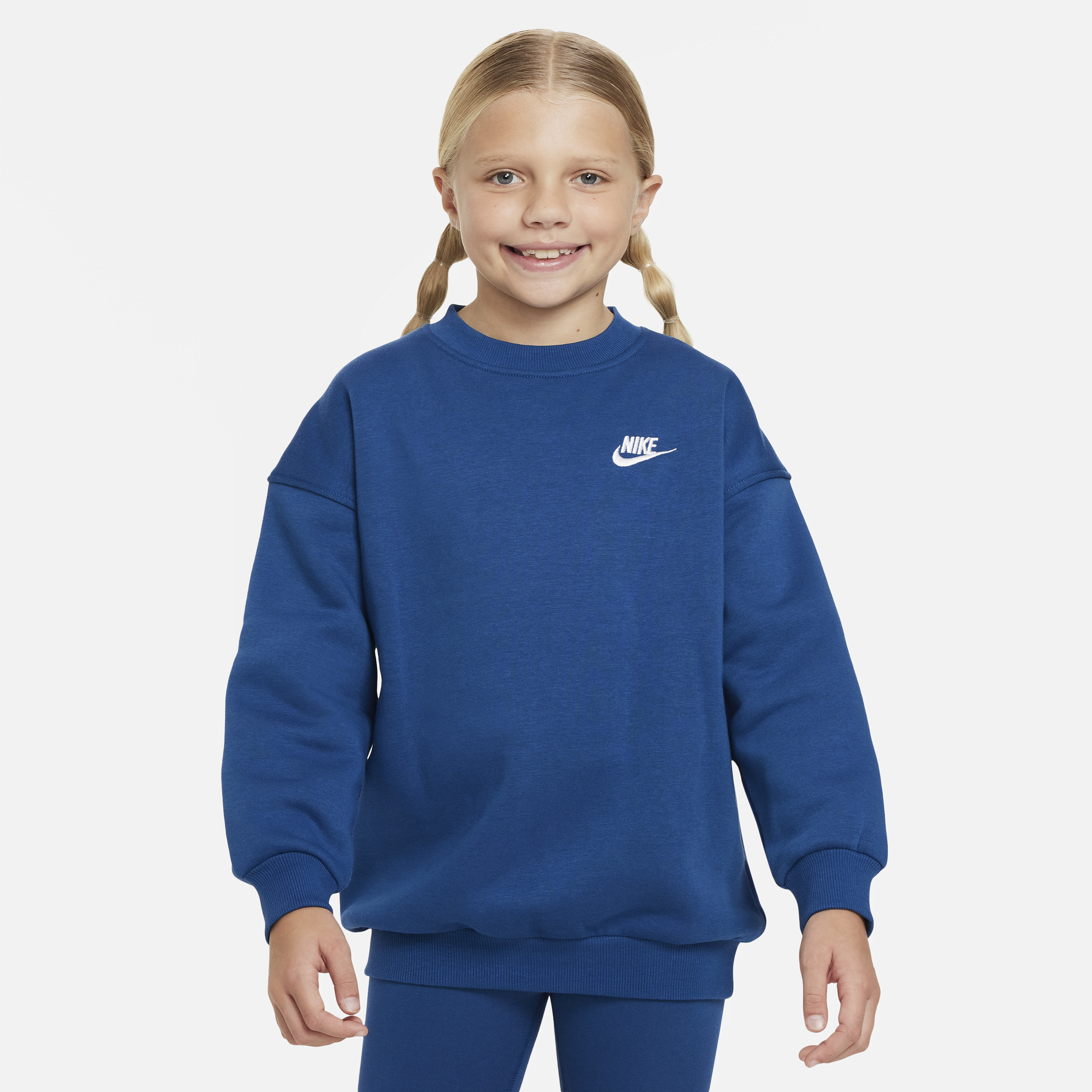 Overdimensioneret Nike Sportswear Club Fleece-sweatshirt til større børn (piger) - blå