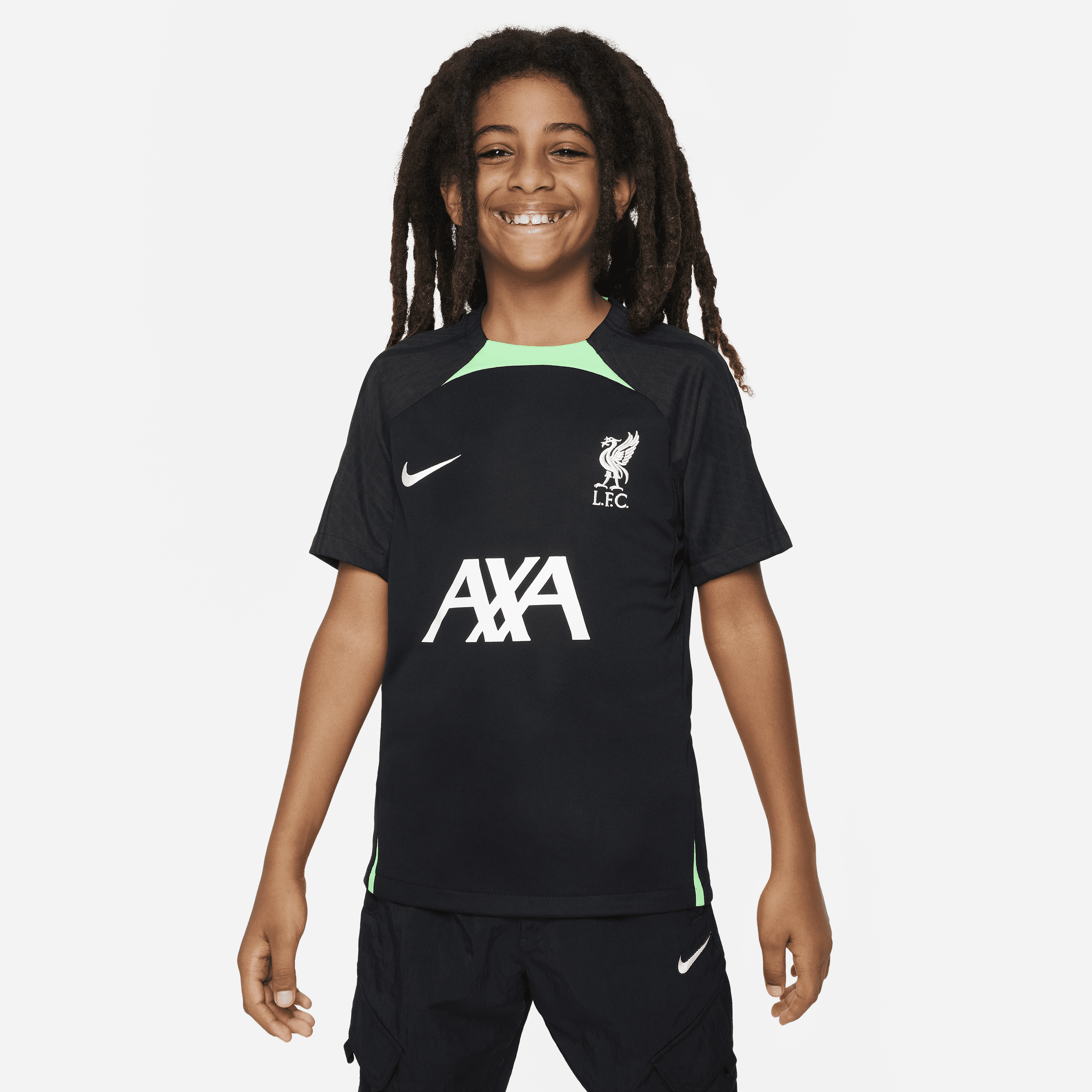 Maskinstrikket Liverpool FC Strike Nike Dri-FIT-fodboldtrøje til større børn - sort