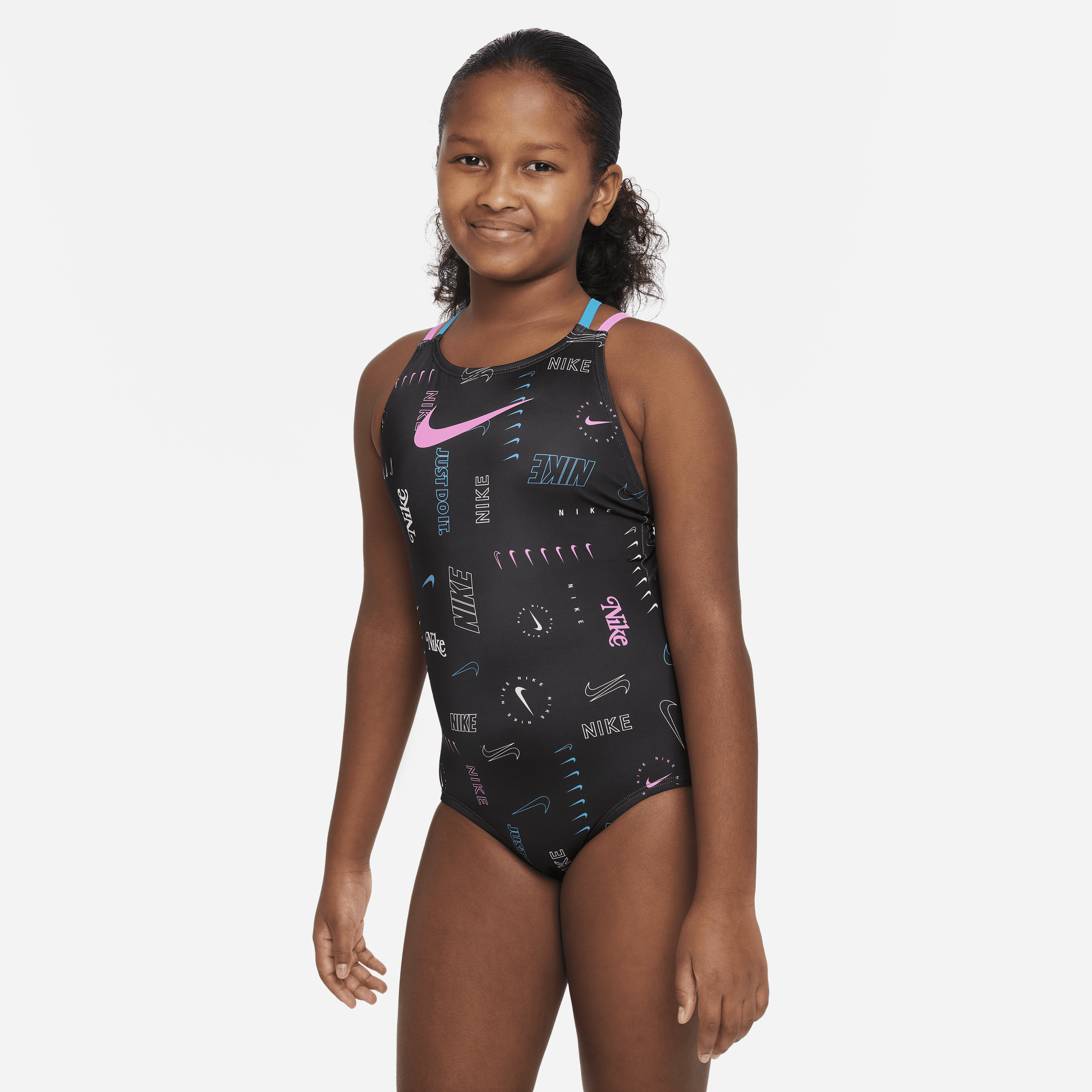 Nike eendelig zwempak met spiderback voor meisjes - Zwart