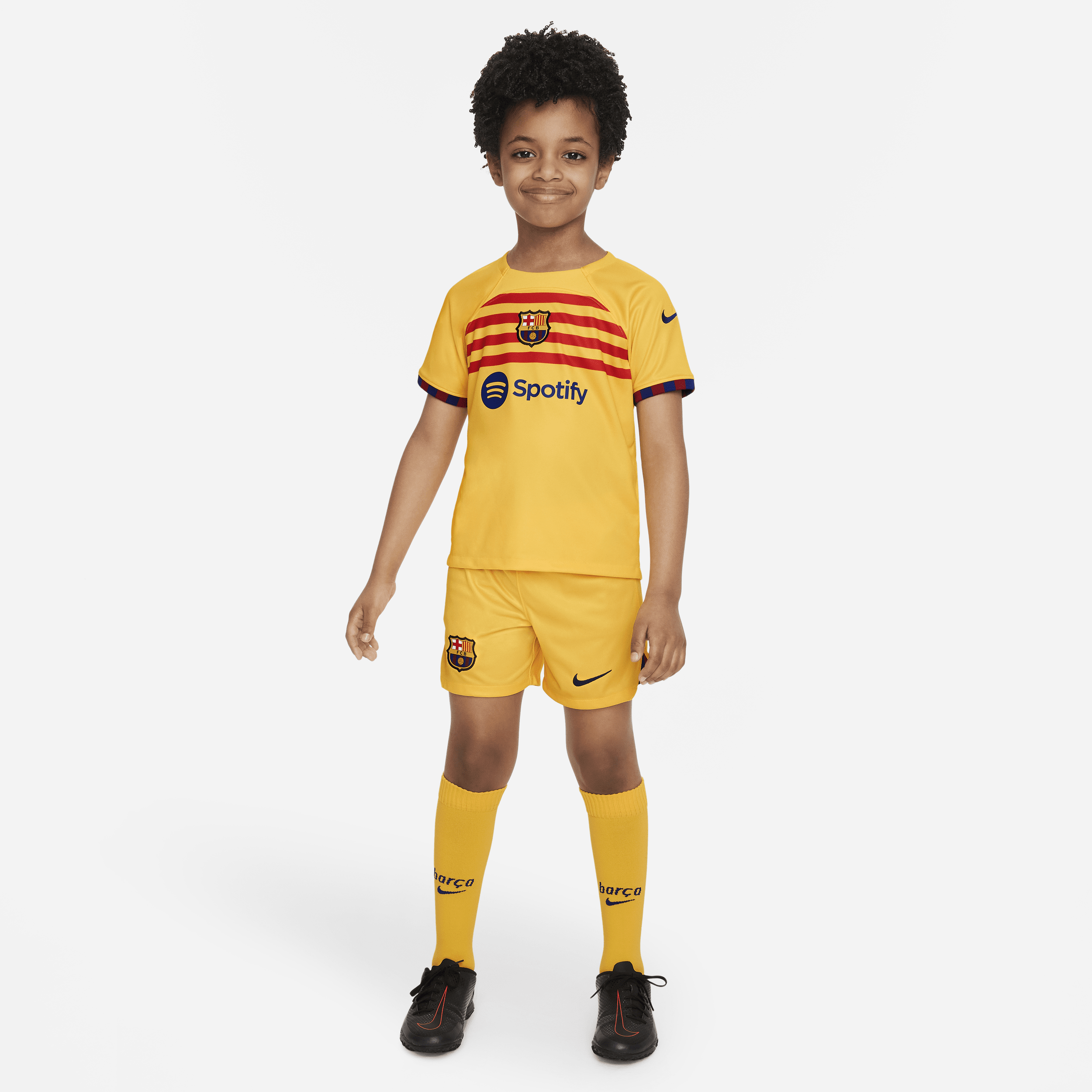 Nike FC Barcelona 2022/23 Fourth-fodboldsæt til mindre børn - gul