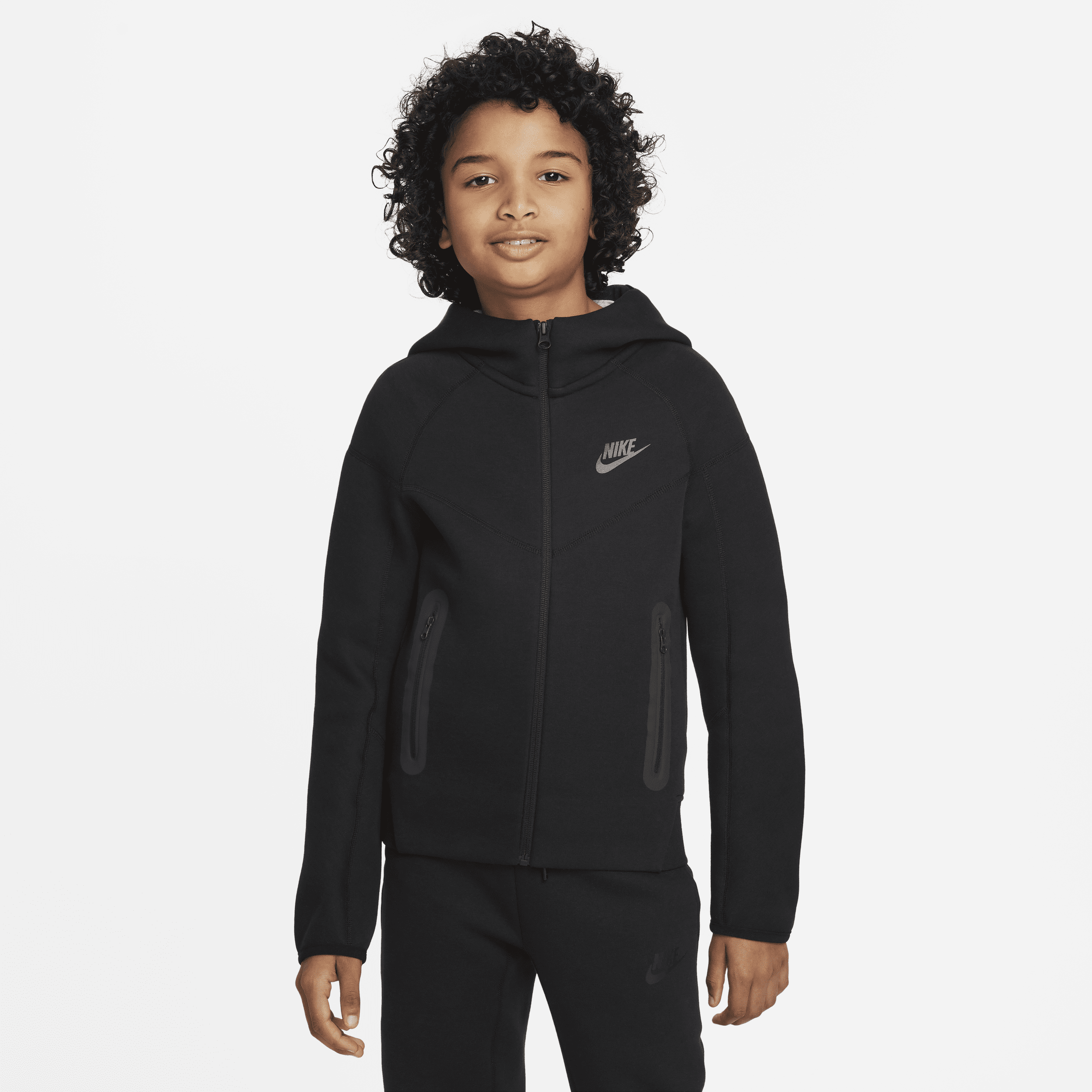 Nike Sportswear Tech Fleece-hættetrøje med lynlås til større børn (drenge) - sort