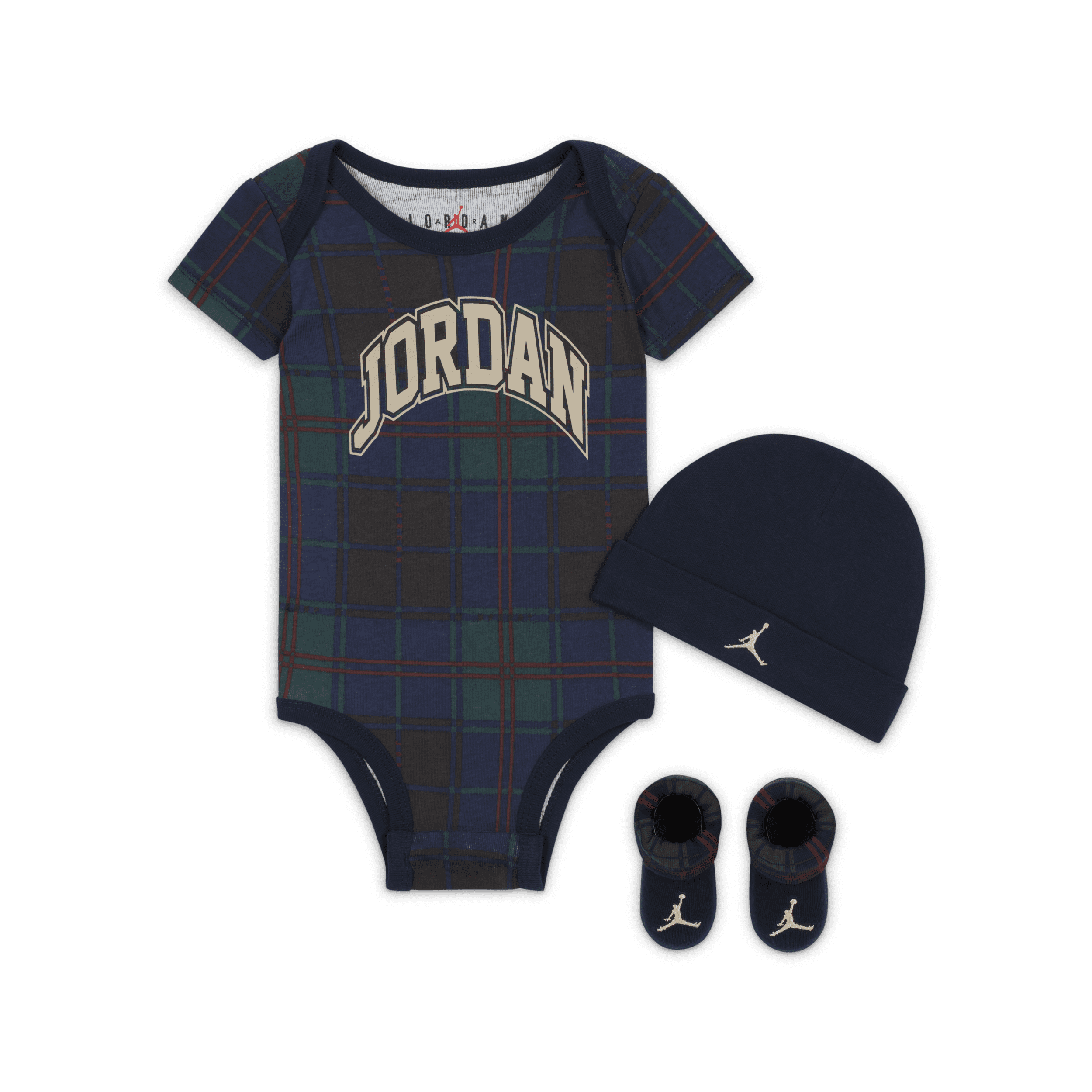 Jordan Plaid Bodysuit, Hat and Booties Box Set-babysæt - blå