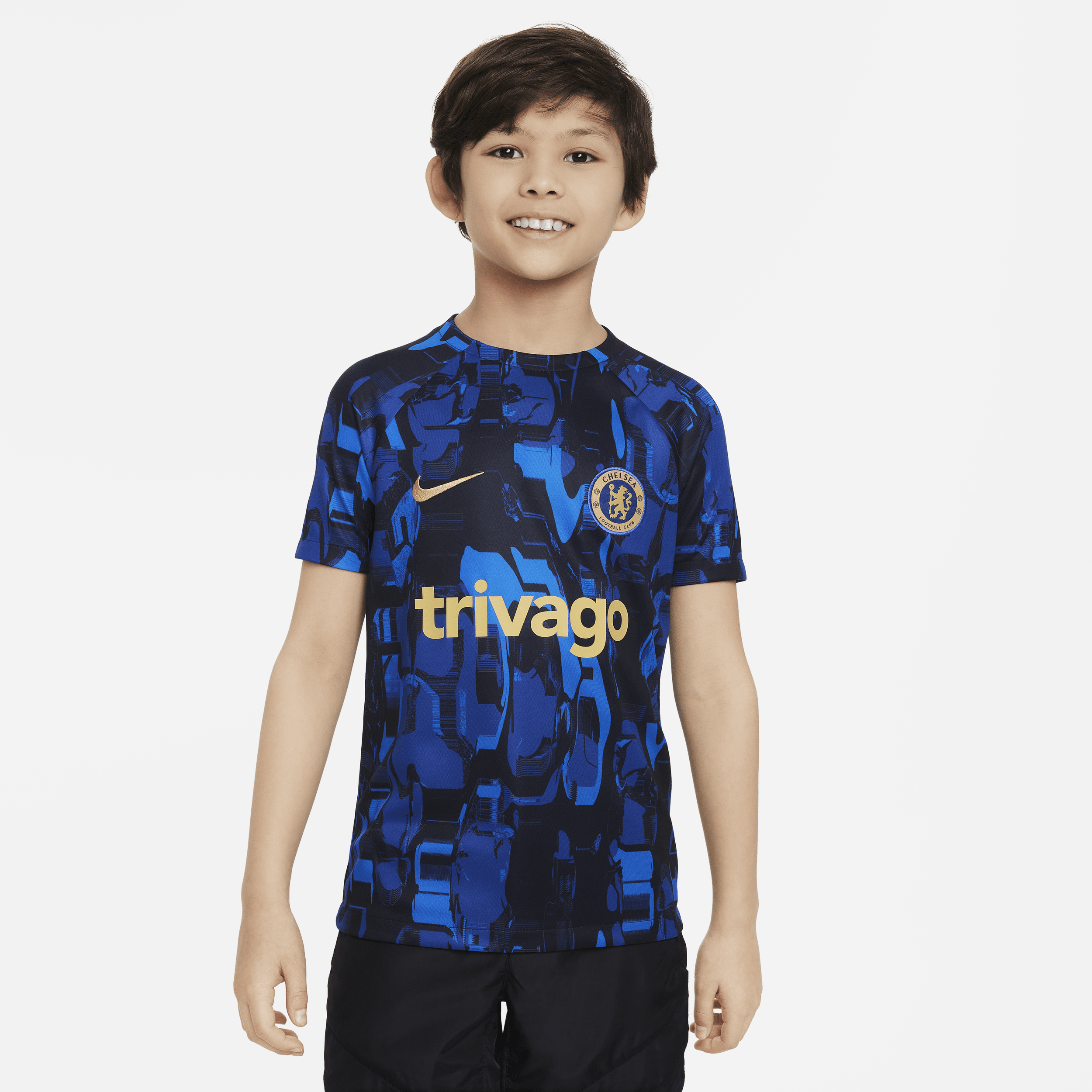 Chelsea FC Academy Pro Nike Dri-FIT Pre-Match-fodboldtrøje til større børn - blå