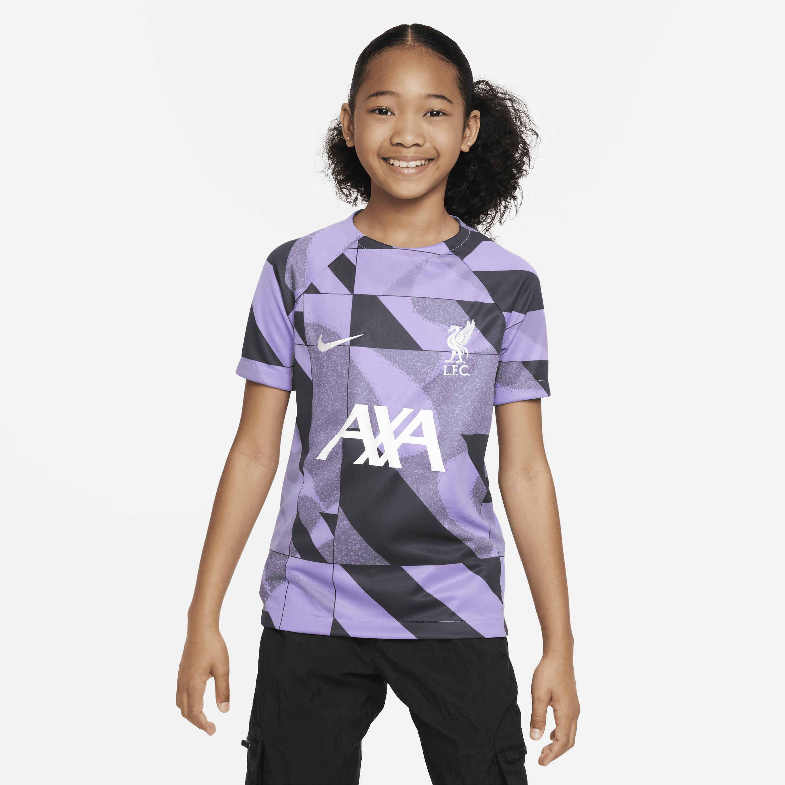 Liverpool FC Academy Pro Third Nike Dri-FIT-Pre-Match-fodboldtrøje til større børn - lilla