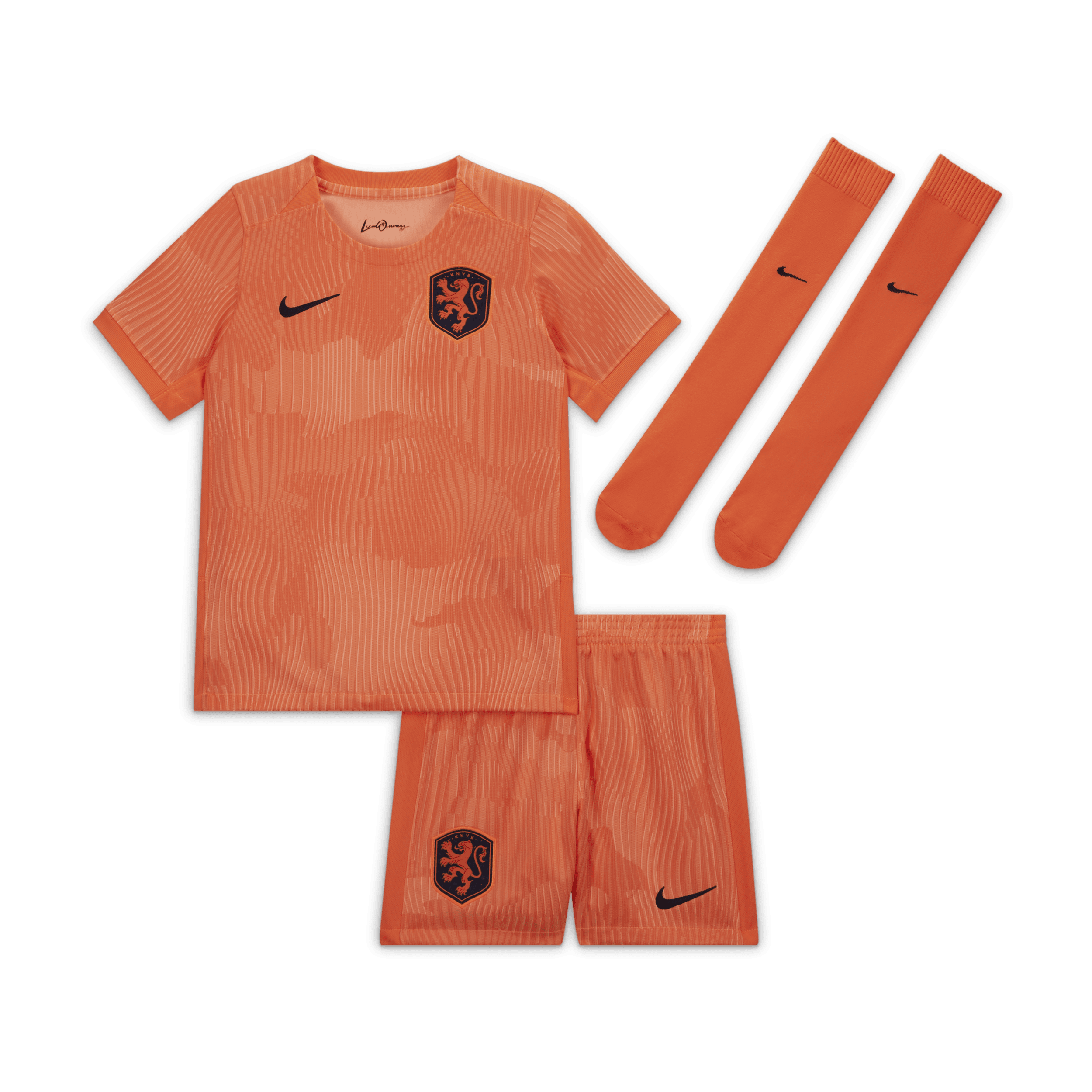 Nederland 2023 Thuis Nike Dri-FIT driedelig tenue voor kleuters - Oranje