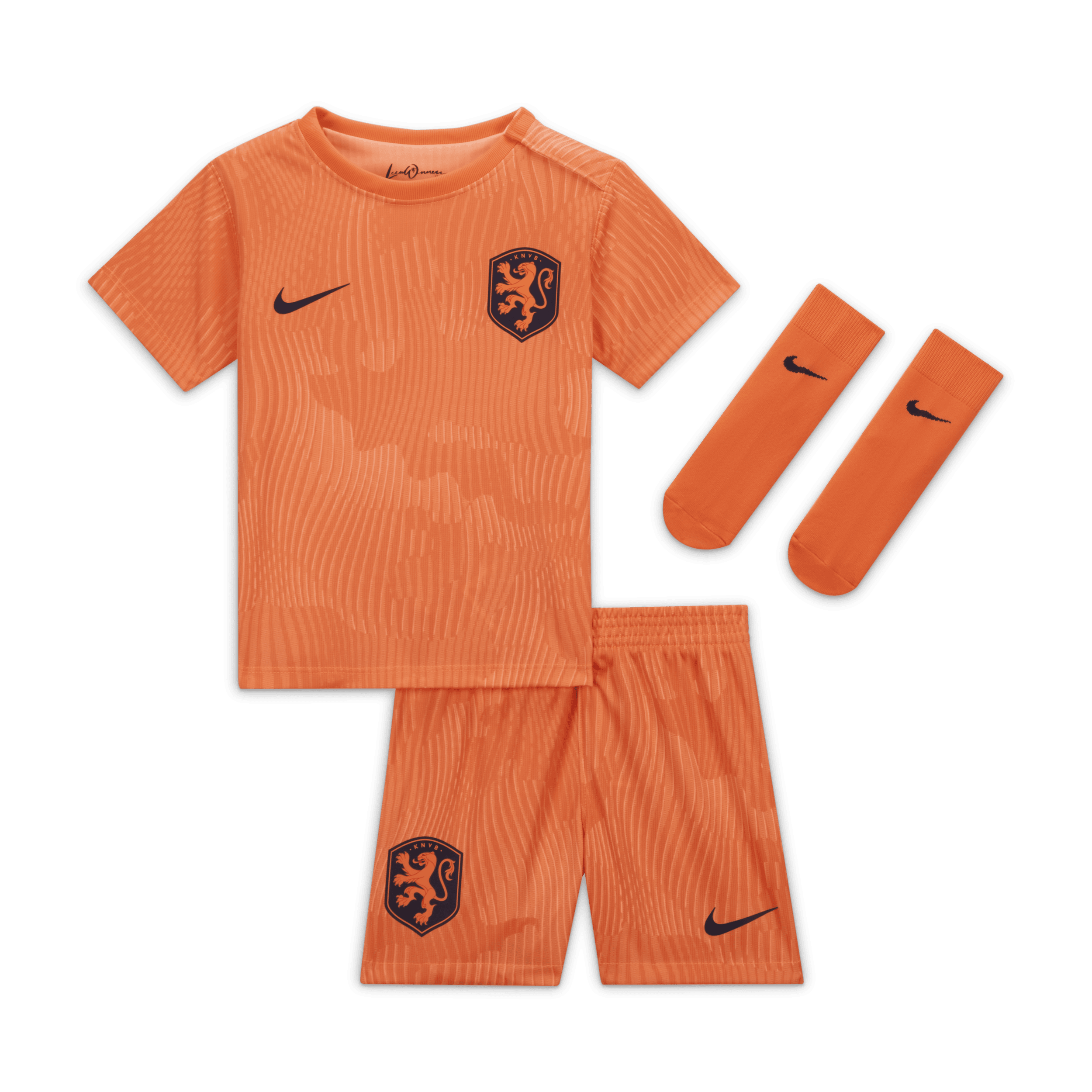 Nederland 2023 Thuis Nike Dri-FIT driedelig tenue voor baby's/peuters - Oranje