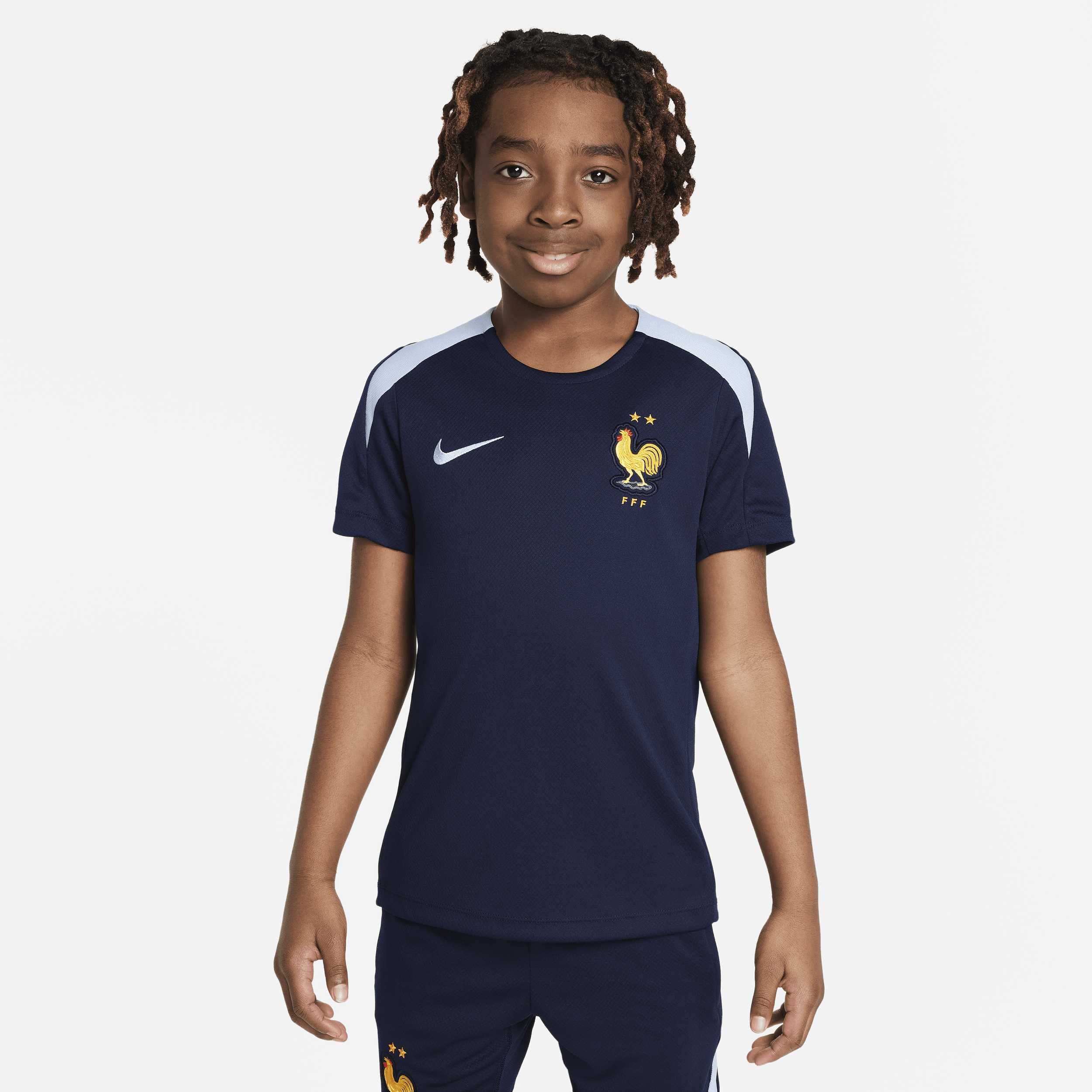 Maskinstrikket FFF Strike Nike Dri-FIT-fodboldtrøje med korte ærmer til større børn - blå