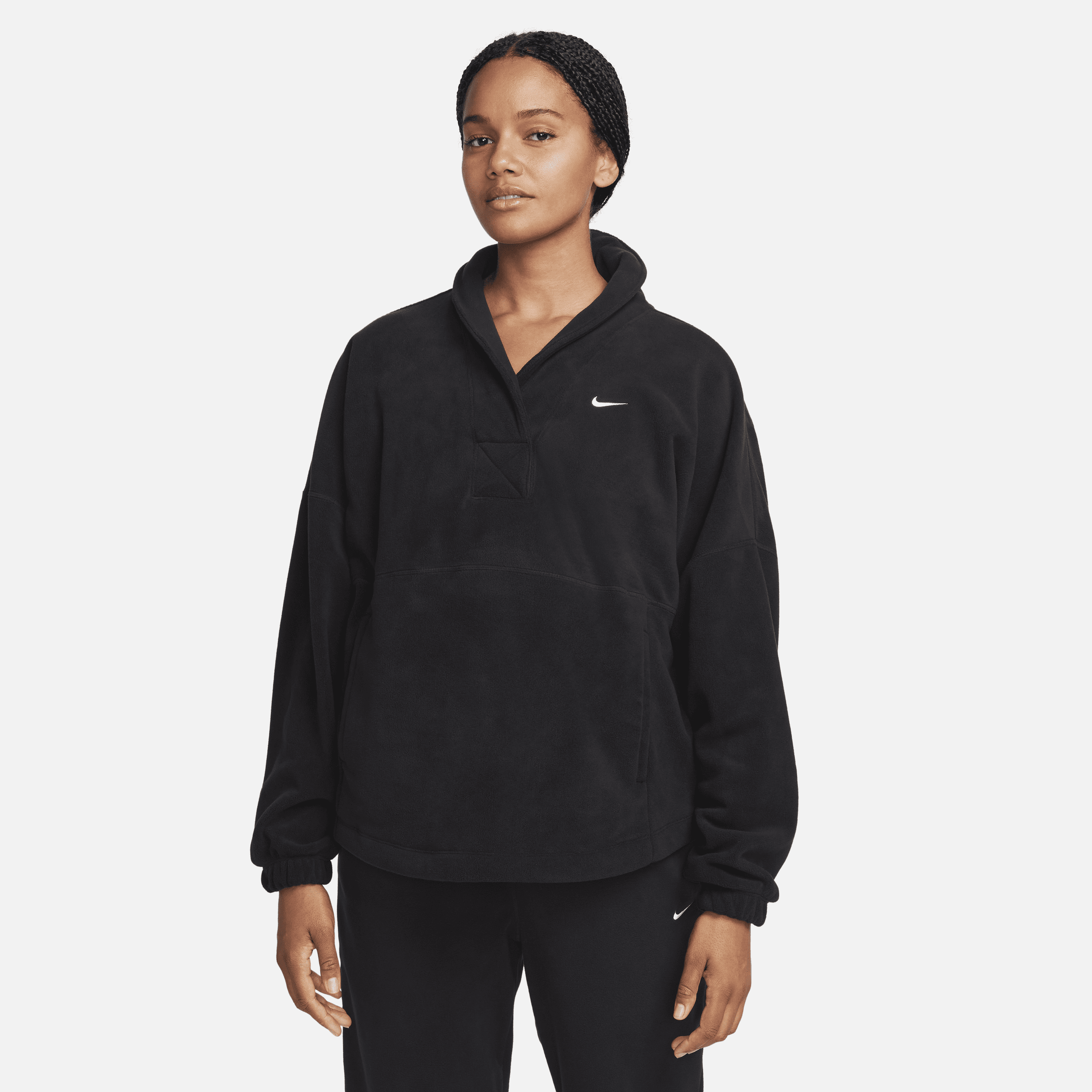 Overdimensioneret Nike Therma-FIT One-trøje i fleece med lange ærmer til kvinder - sort