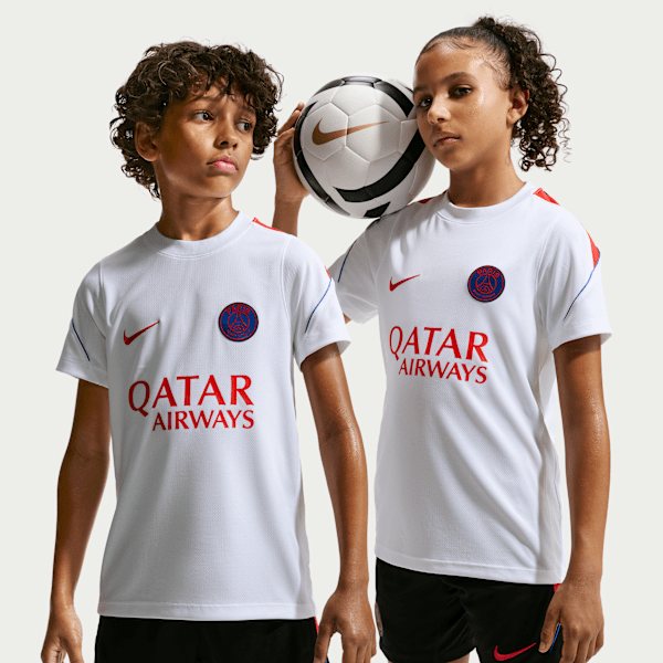 Haut de foot à manches courtes Nike Football Dri-FIT Paris Saint-Germain Strike pour ado - Blanc