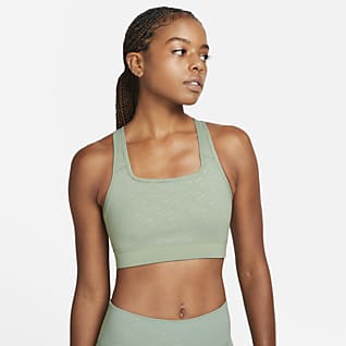 Nike Dri-FIT Swoosh Icon Clash Bra deportivo estampado con almohadilla de una sola pieza de media sujeción para mujer