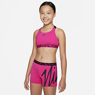 Nike Script Logo Conjunto de bikini y shorts deportivos con tirantes tipo espalda cruzada para niña talla grande
