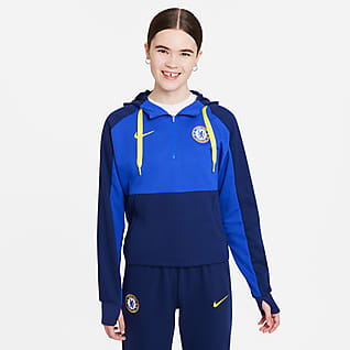 Τσέλσι Γυναικεία φλις ποδοσφαιρική μπλούζα με κουκούλα και φερμουάρ στο 1/4 του μήκους