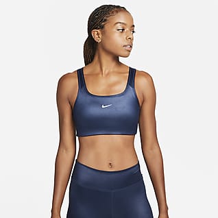 Nike Dri-FIT Swoosh Bra deportivo brillante de línea larga con almohadilla de una sola pieza de media sujeción para mujer